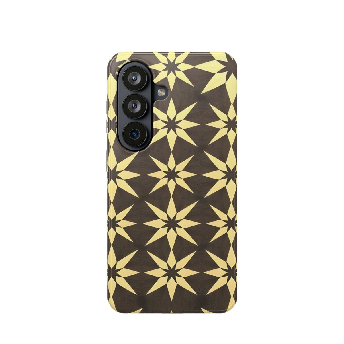 Phone case, dark with repeating gold star and triangle pattern; visible camera openings