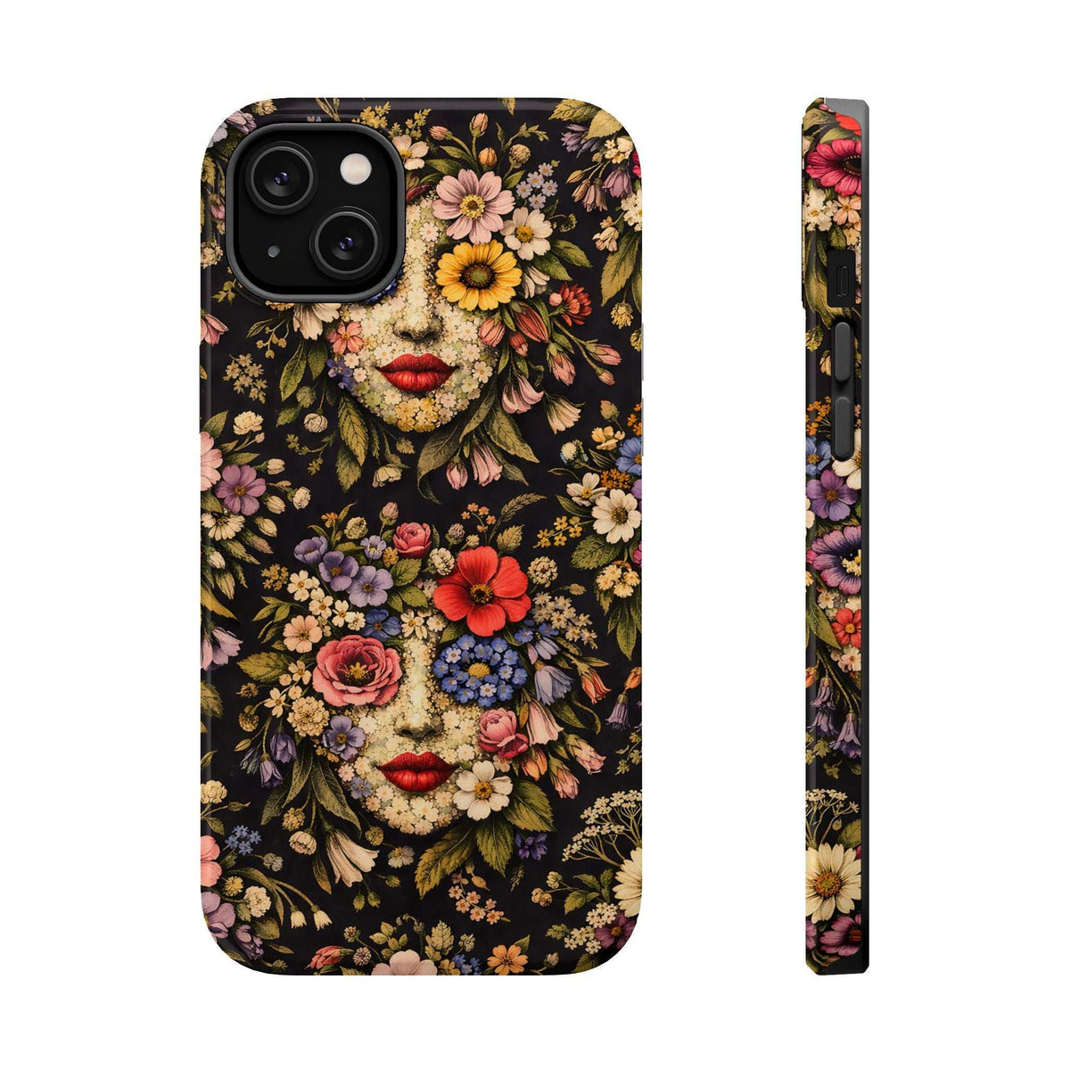 Floral face phone case, dark background, front view with flower pattern