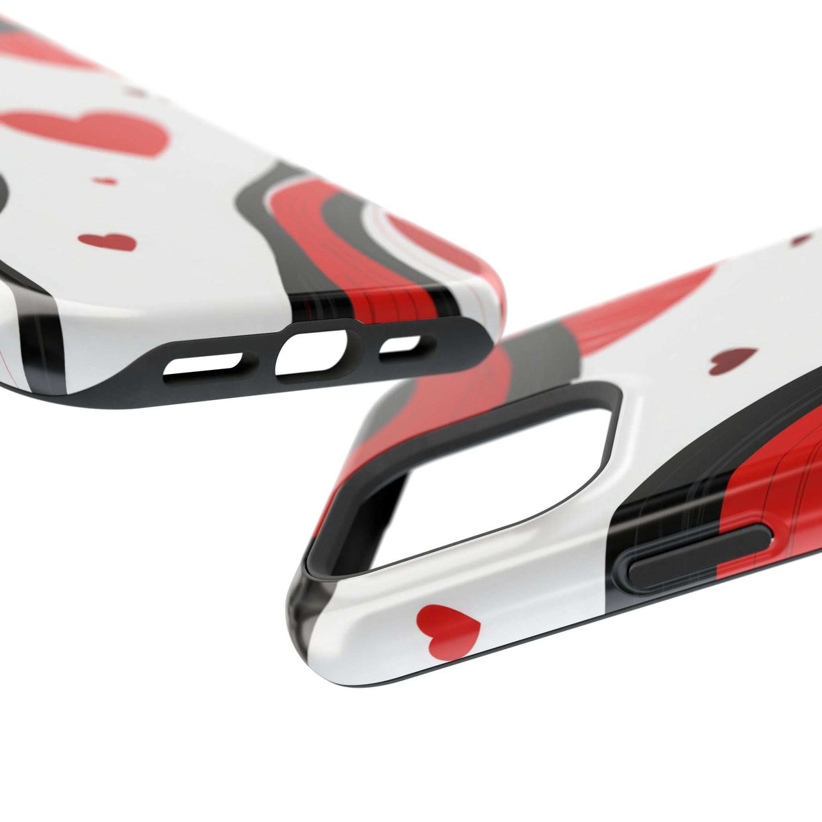 Heart-pattern phone case with side button and port cutouts in red, white, and black