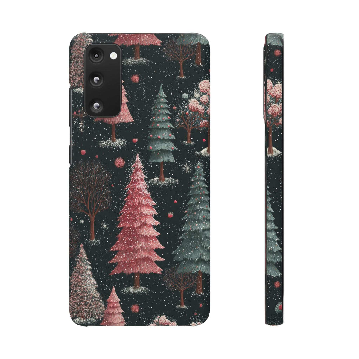 Glossy phone case back with camera cutouts; dark winter forest with layered pine silhouettes