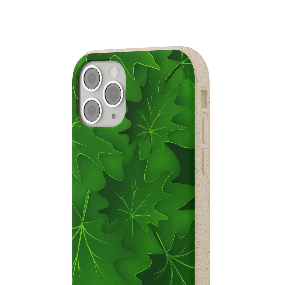 Green leaf-pattern phone case with camera cutout and beige protective edges
