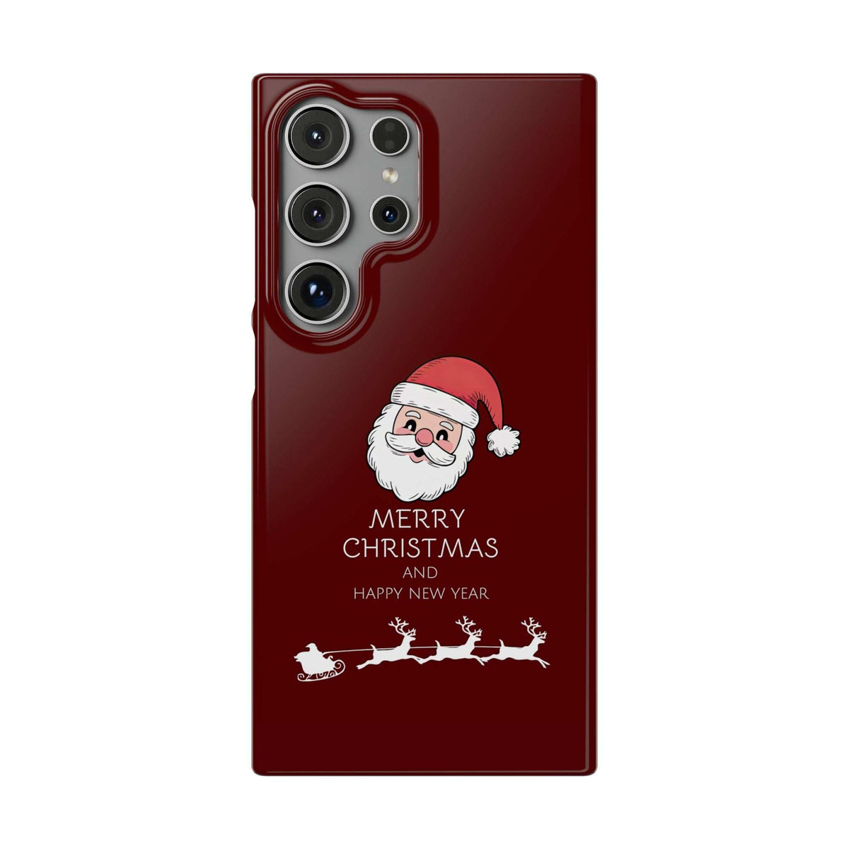 Glossy crimson phone case with Santa face and sleigh holiday graphic, camera cutouts