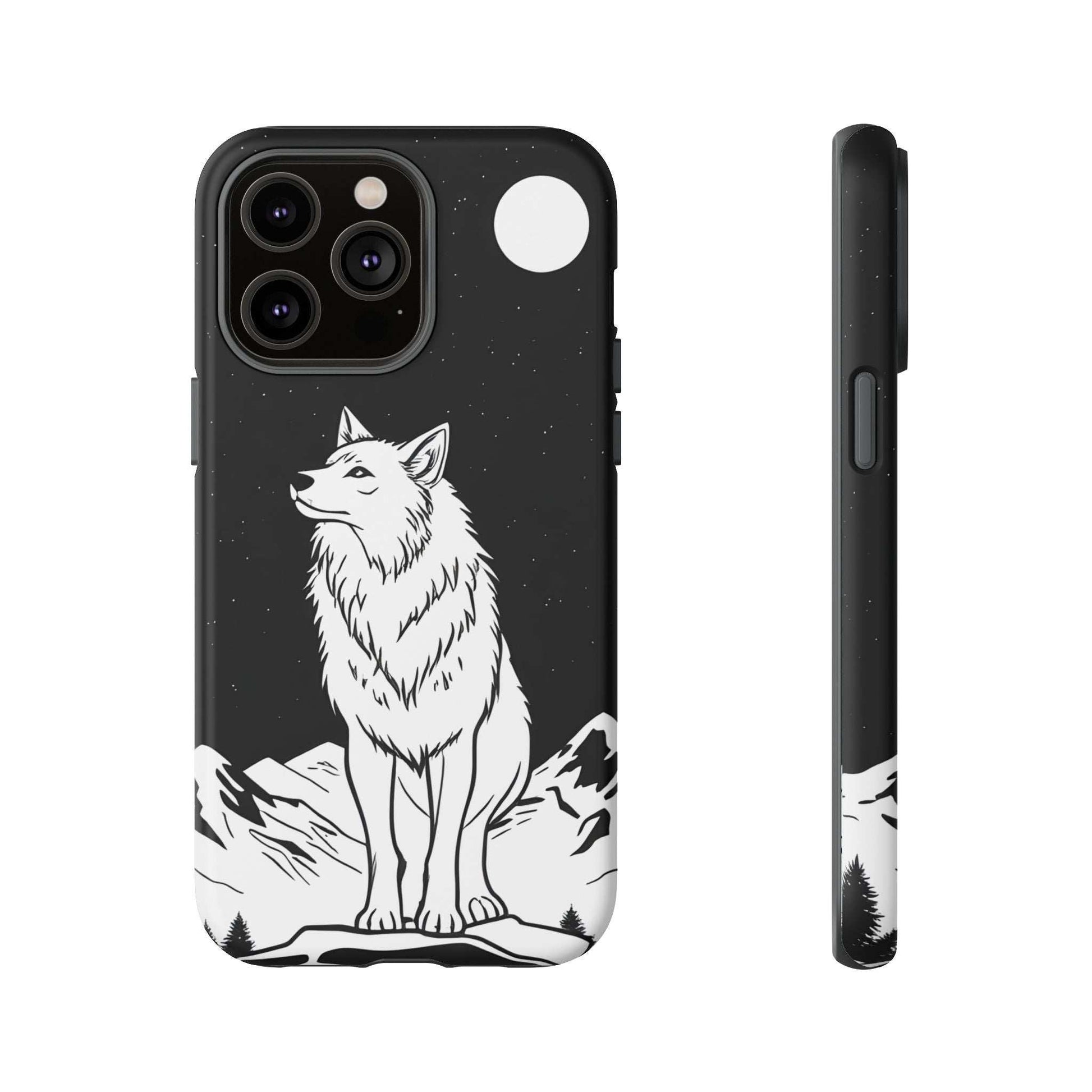 Black phone case with white wolf graphic on starry background, camera cutouts, side view