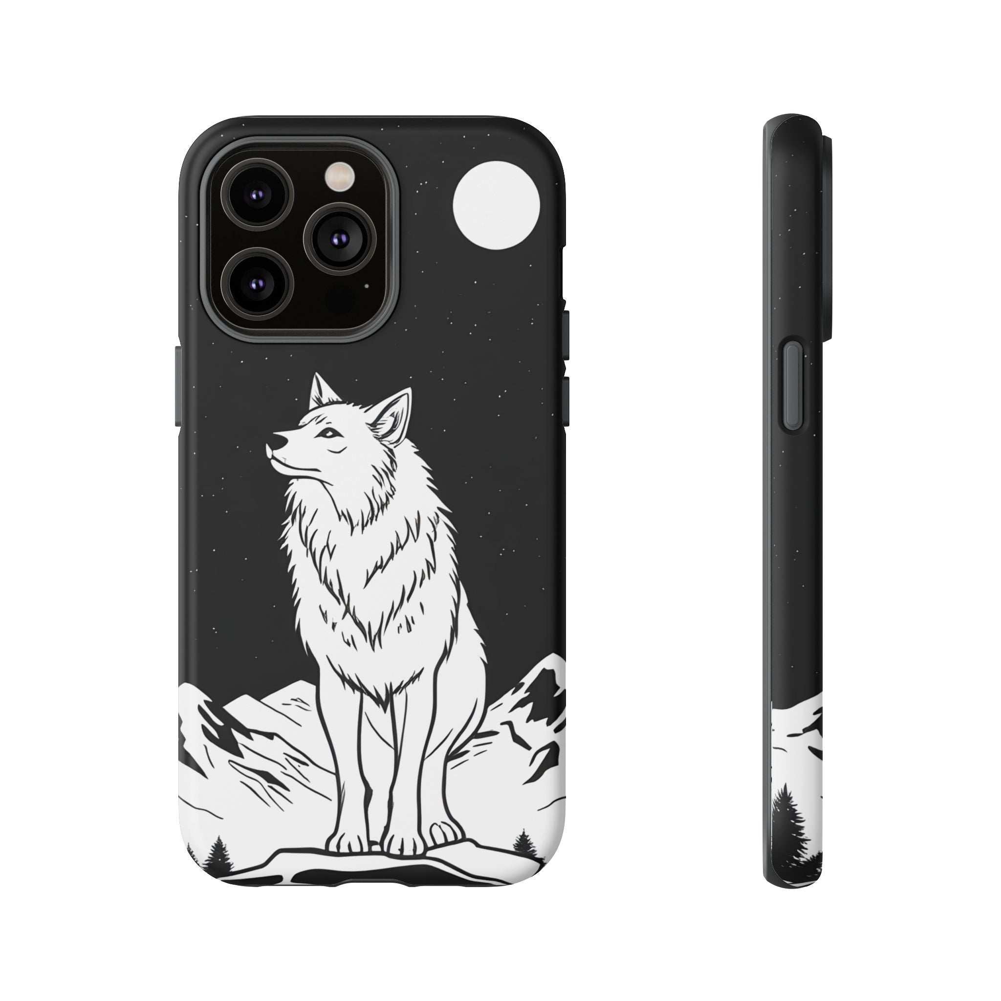 Black phone case with white wolf graphic on starry background, camera cutouts, side view