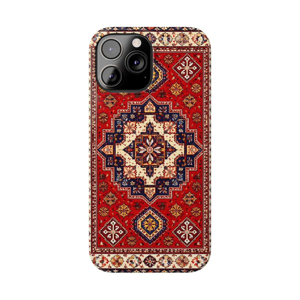 Armenian carpet patterned phone case with red, blue, and cream diamond motifs; lens openings.