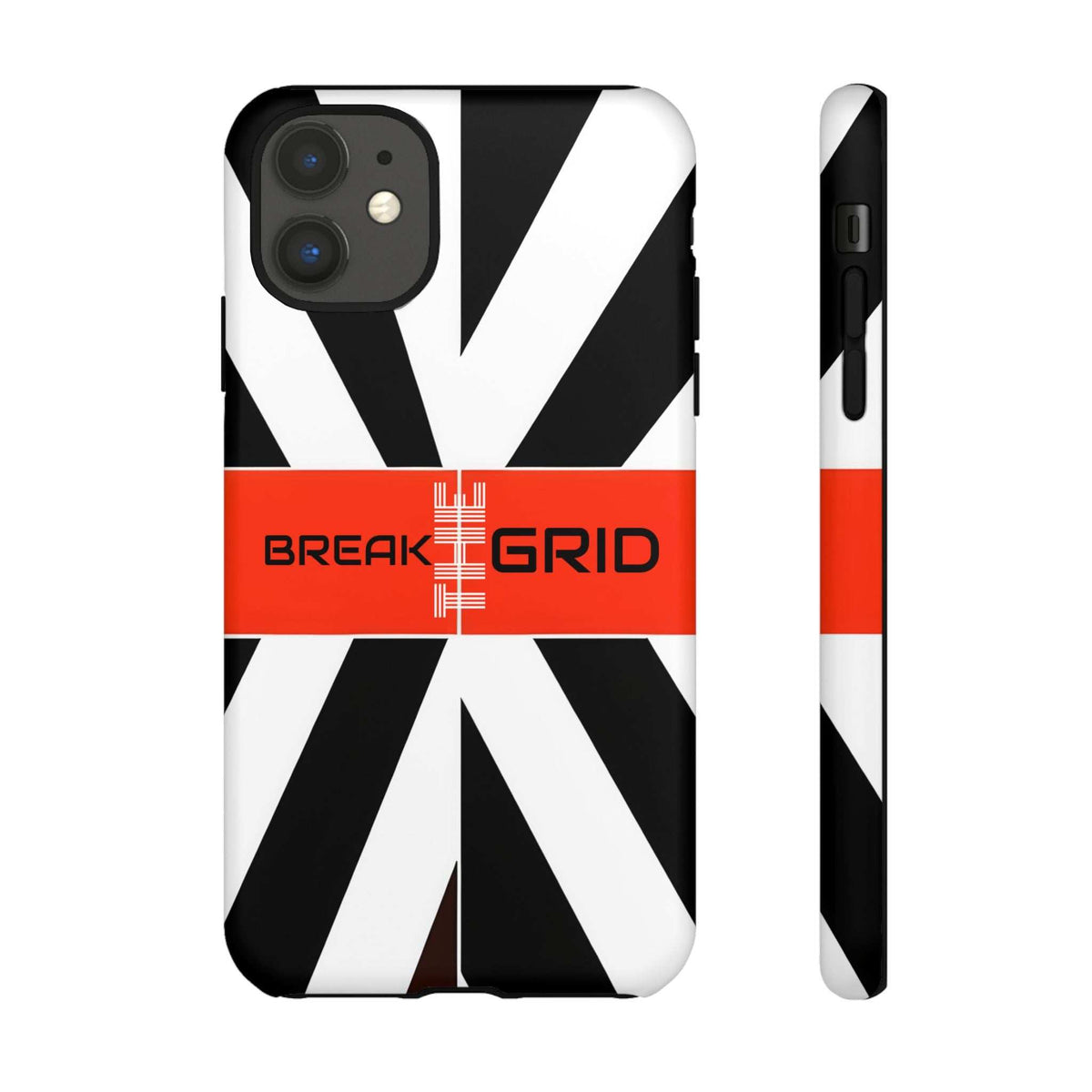 Phone case with black-and-white geometric stripes, red "Break Grid" band, front and side view.