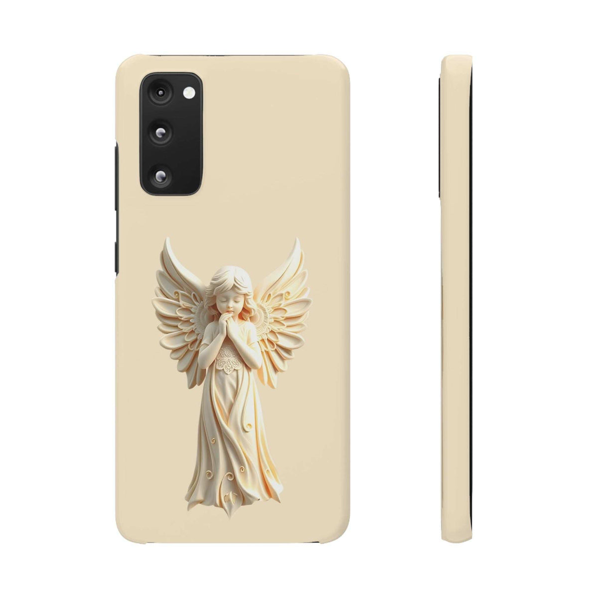 Beige phone case with winged angel cherub design, side profile and camera openings