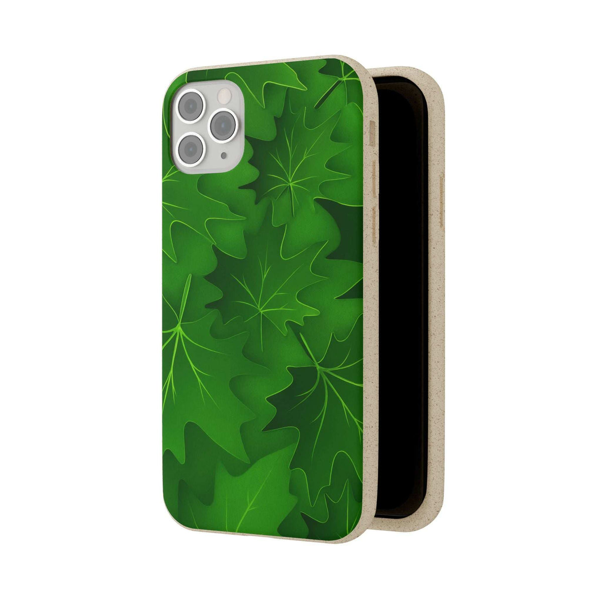 Green leaf phone case with raised edges and camera cutouts