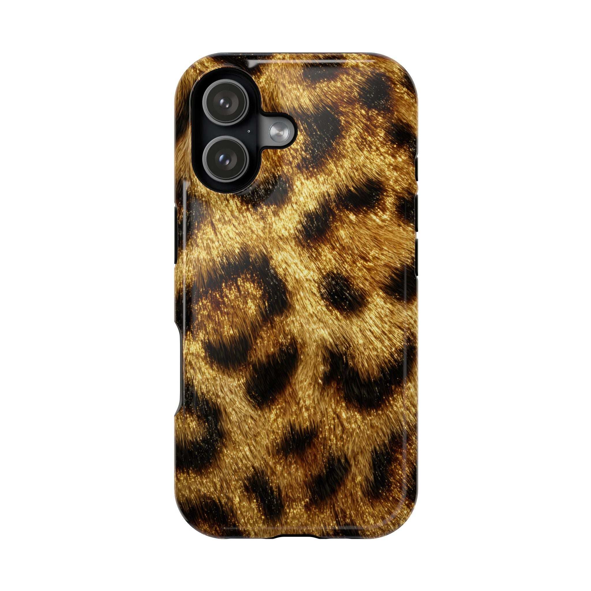 Glossy leopard print phone case with gold and black spots, raised camera section visible.