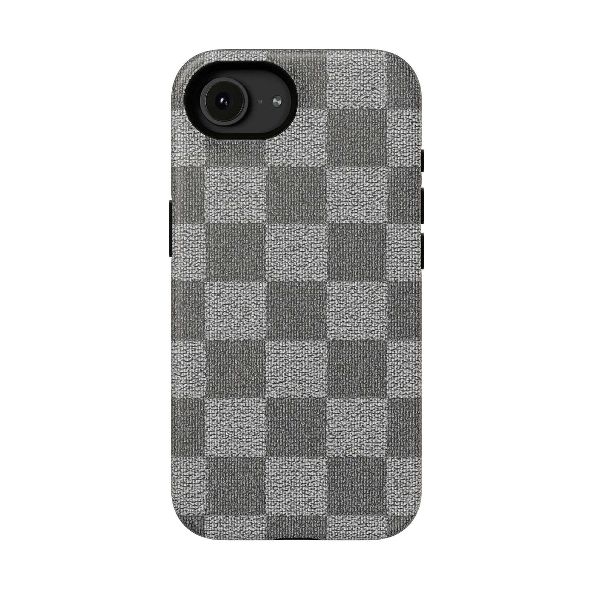 Gray checkered phone case with camera cutout openings, textured fabric finish