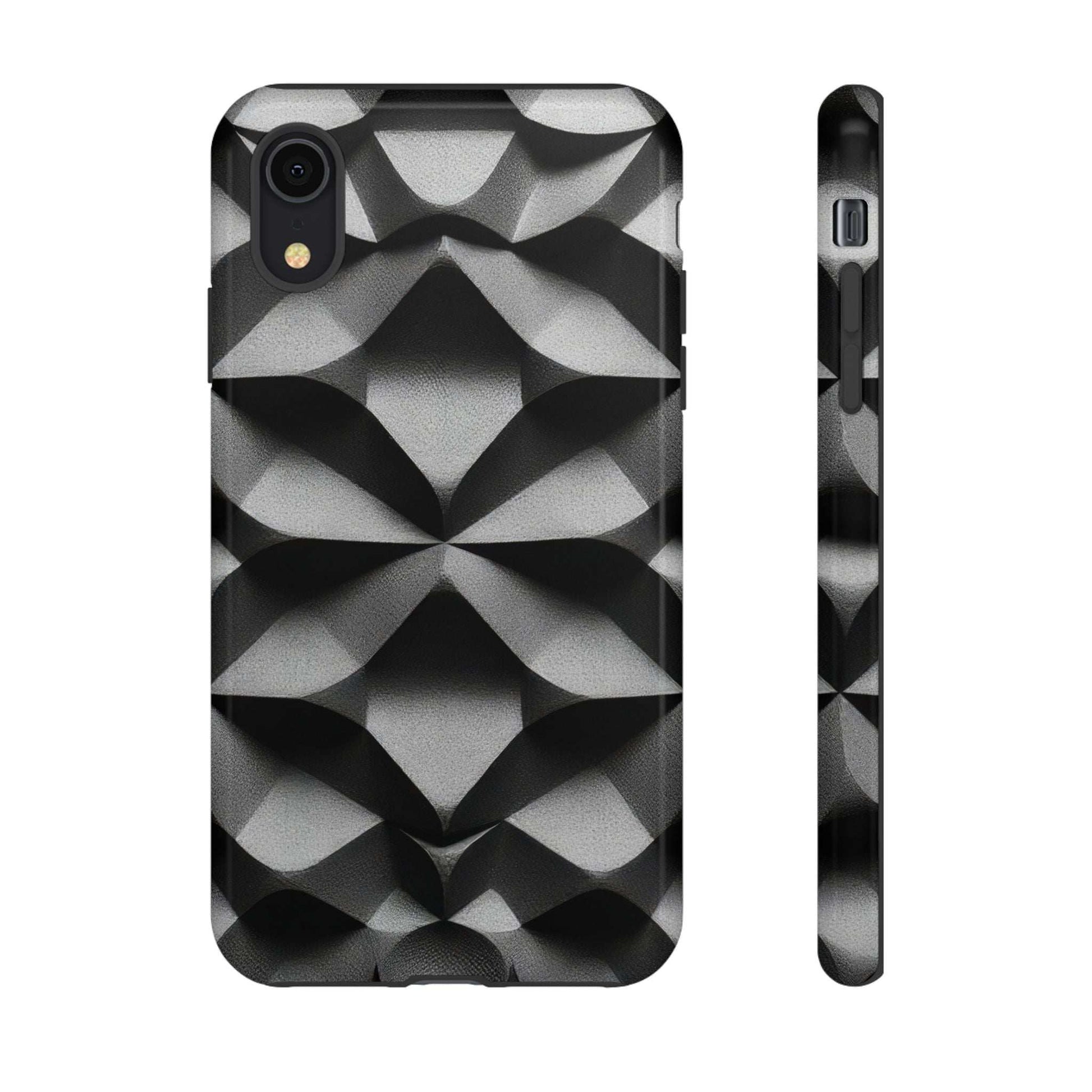 Black geometric tough phone case with silver diamond pattern, back and side profile.