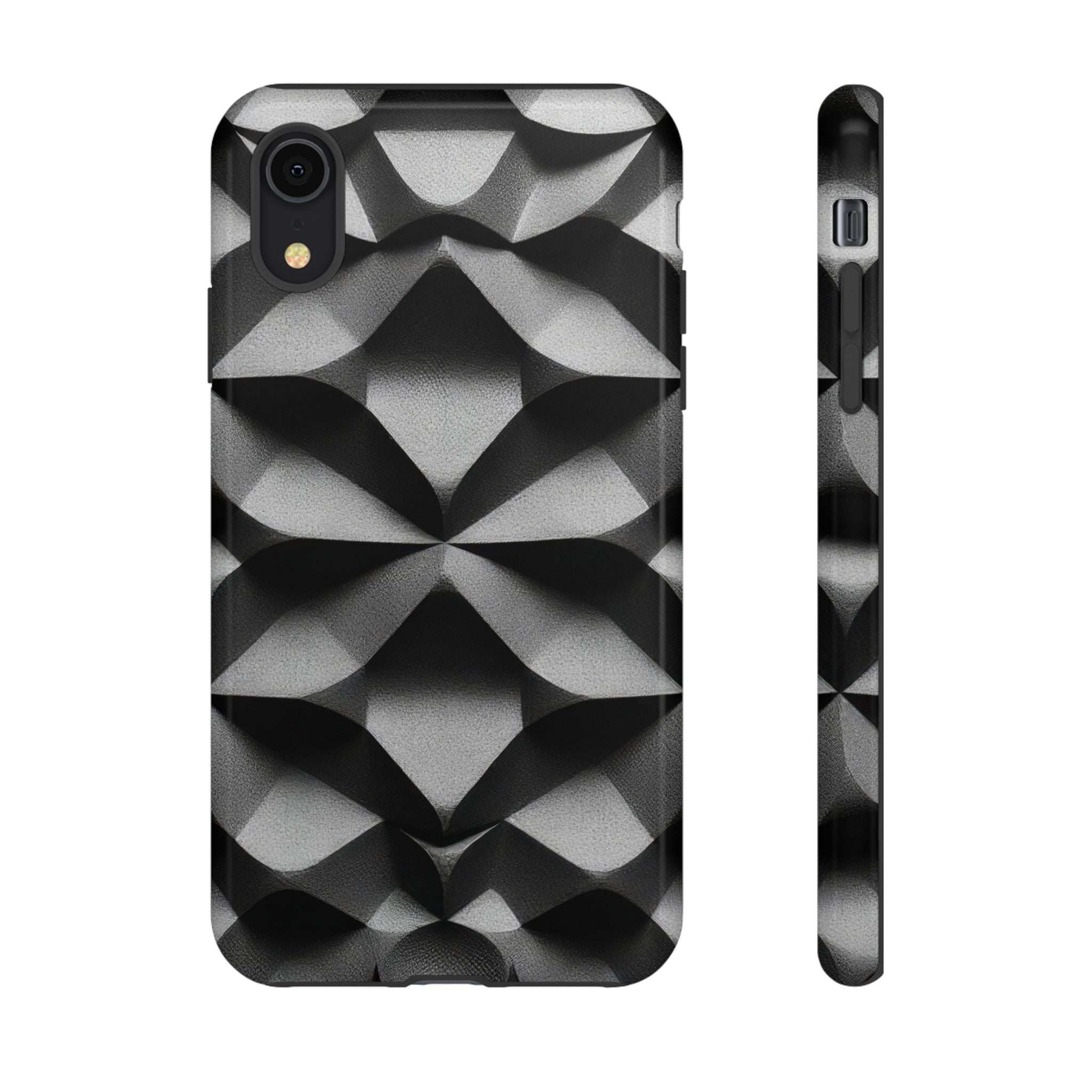 Black geometric tough phone case with silver diamond pattern, back and side profile.