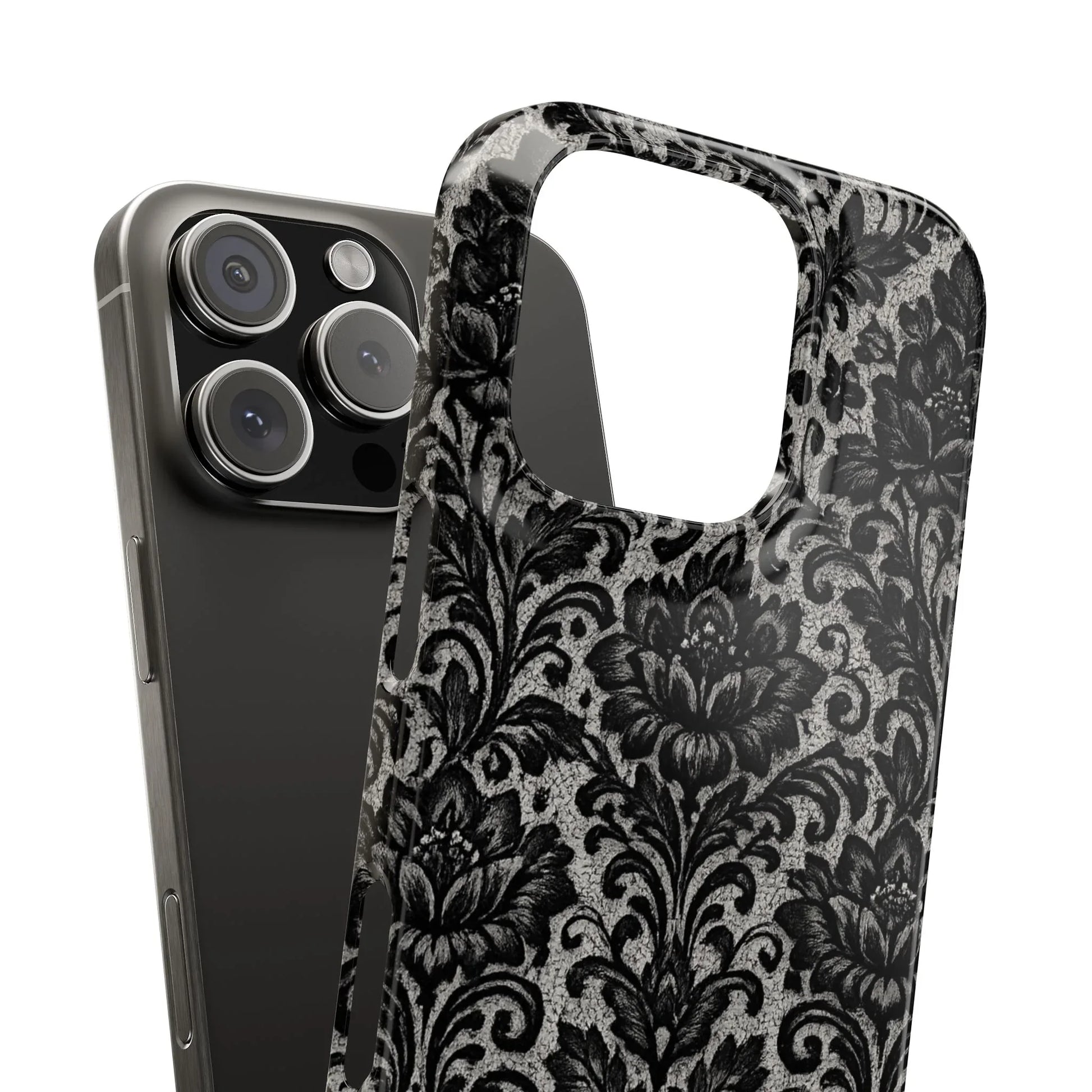 Black Damask Floral Phone Case for iPhone 11-17 and Galaxy S20-S25 - KARARMDESIGN