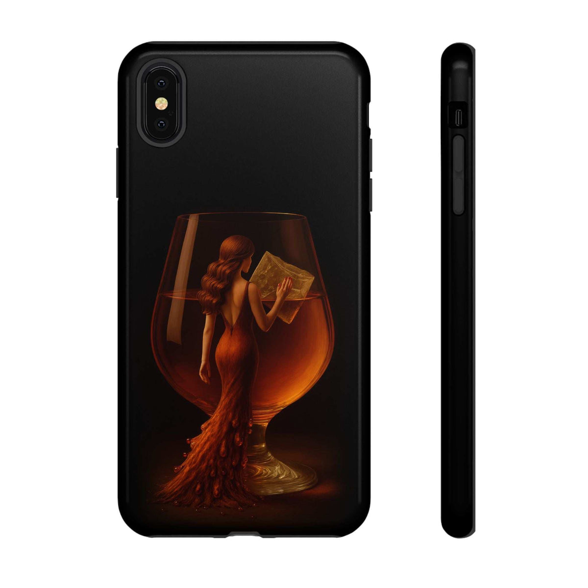 Midnight lady phone case, glossy black back with goblet silhouette artwork