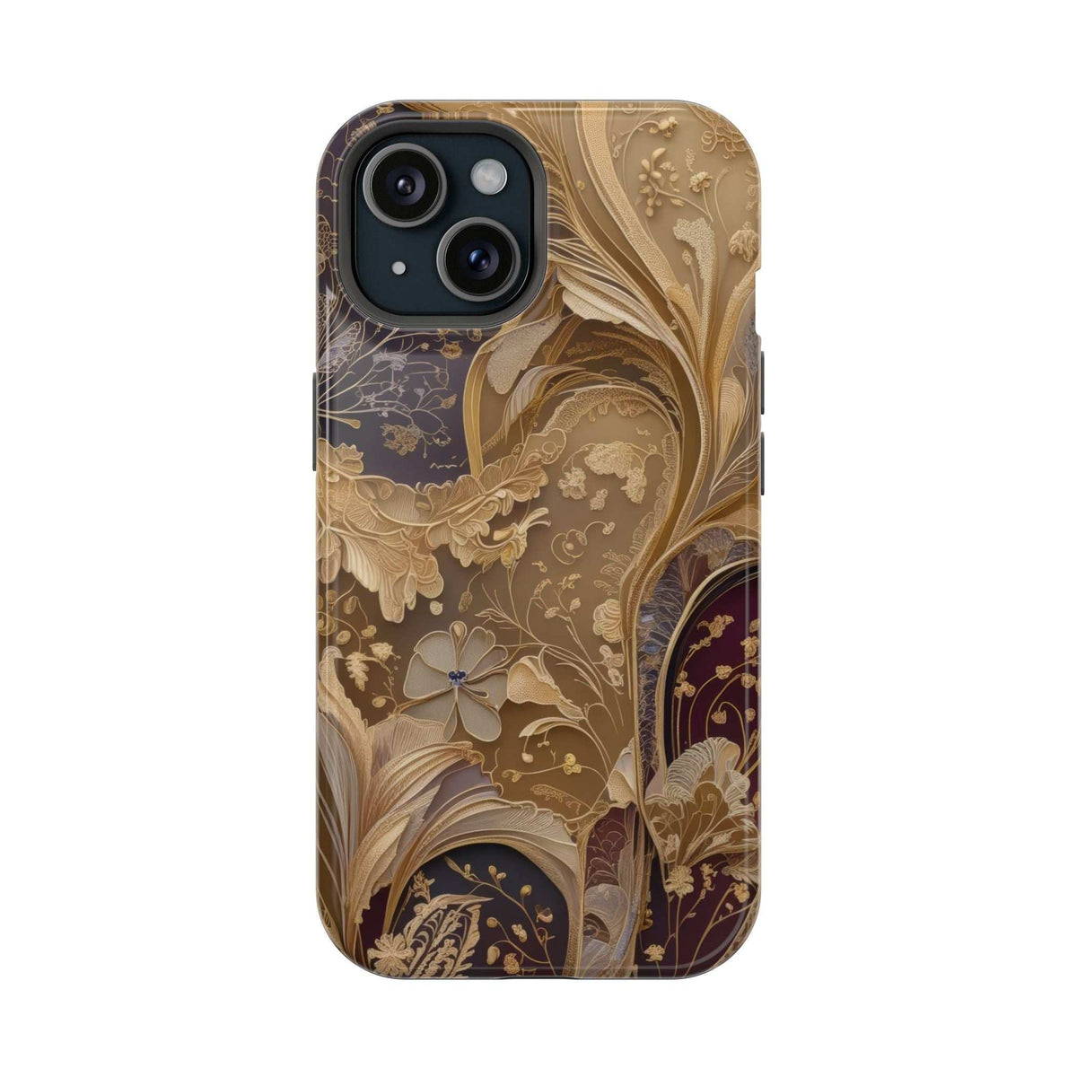 Ornate botanical phone case with gold and dark floral pattern; camera cutout details.