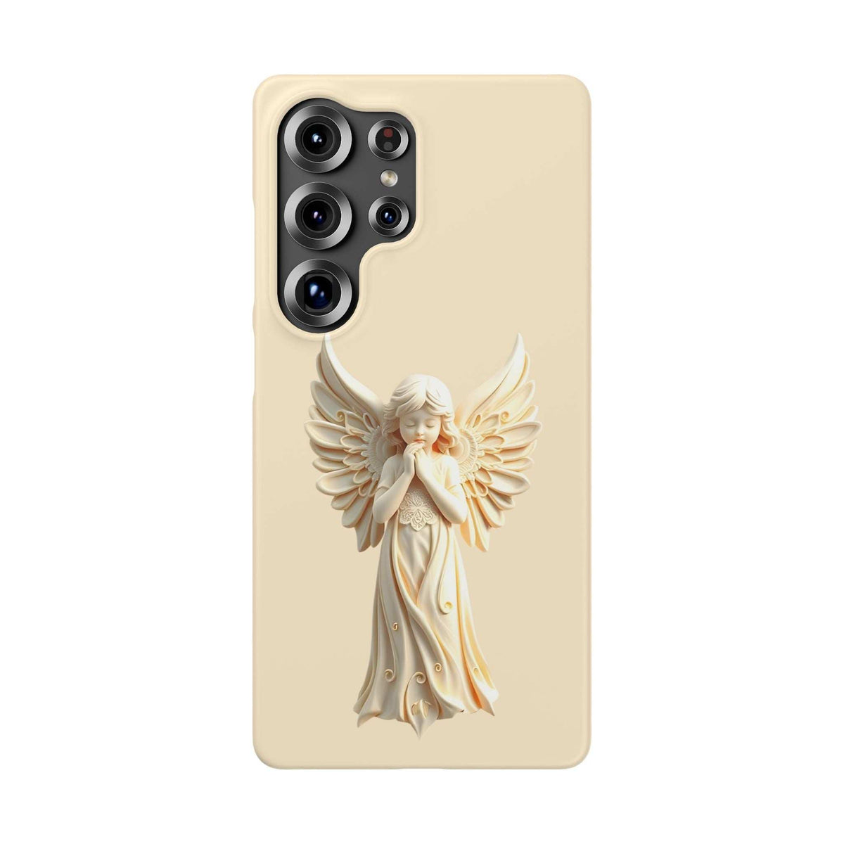 Cream phone case showing raised angel with wings, left camera cutout cluster visible