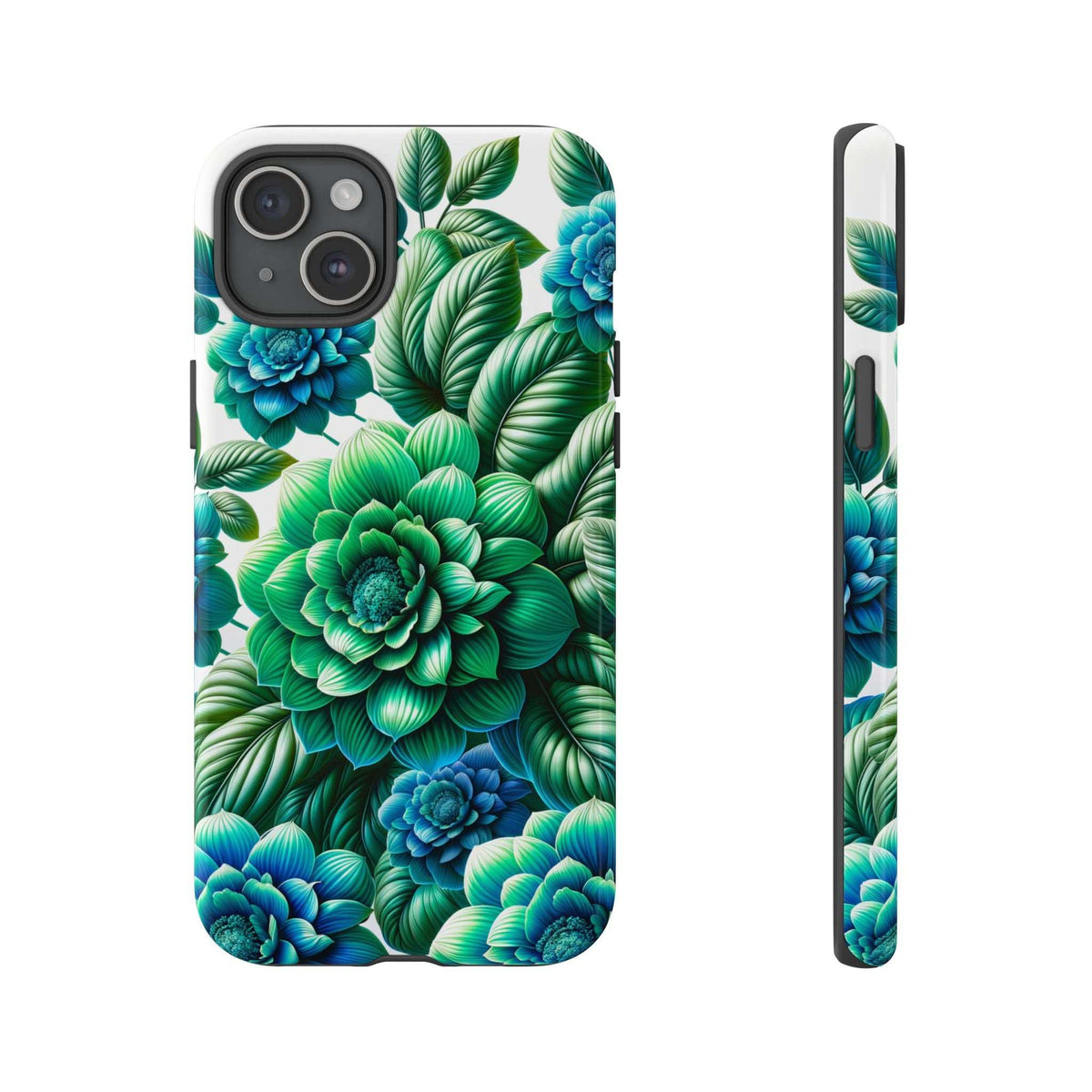 Green and blue floral phone case with large blossoms and leaves; back cameras outlined