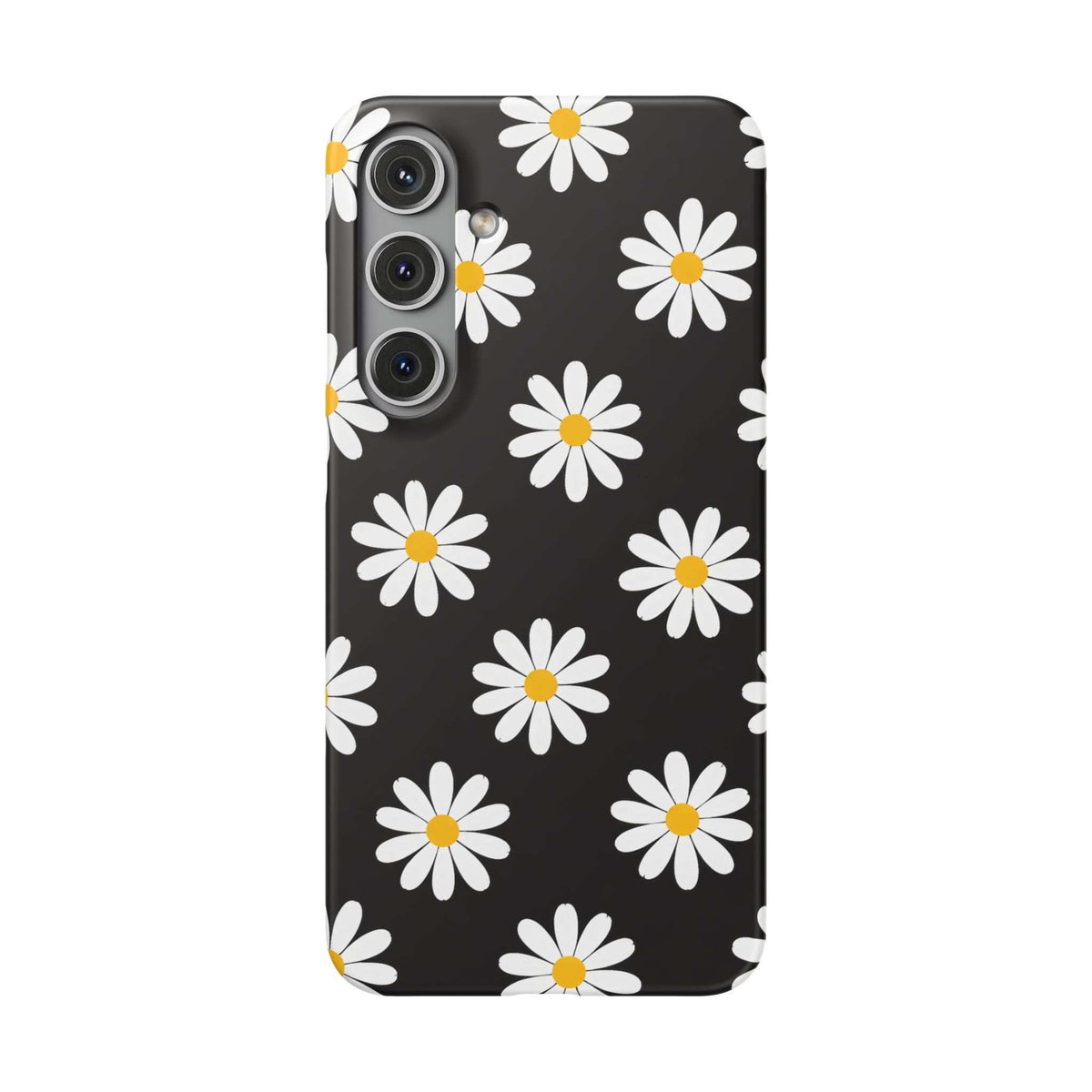 Black daisy phone case with repeating white blooms and yellow centers; camera area visible.