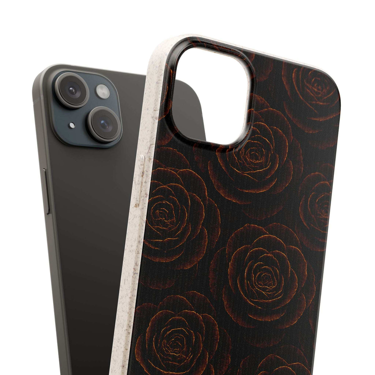 Dark rose-pattern phone case with camera cutouts and raised edges