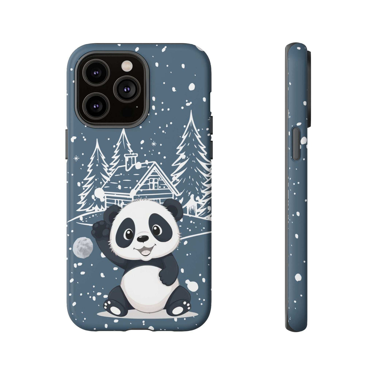 Dark blue panda winter phone case front view with snowy forest trees and farmhouse