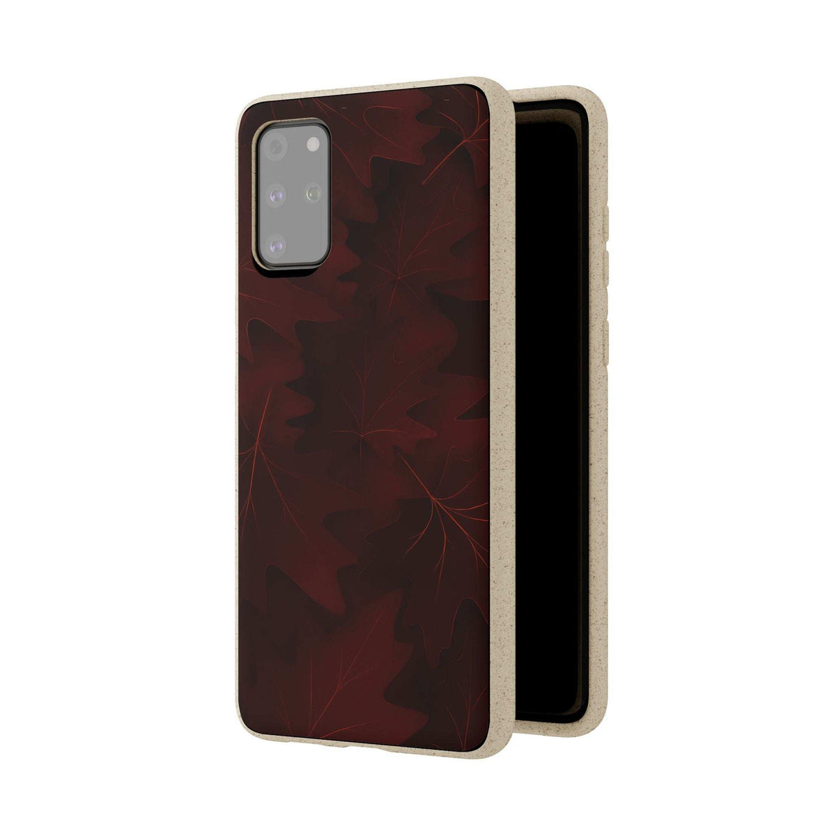 Phone case back with burgundy leaf pattern, beige sides for phone protection