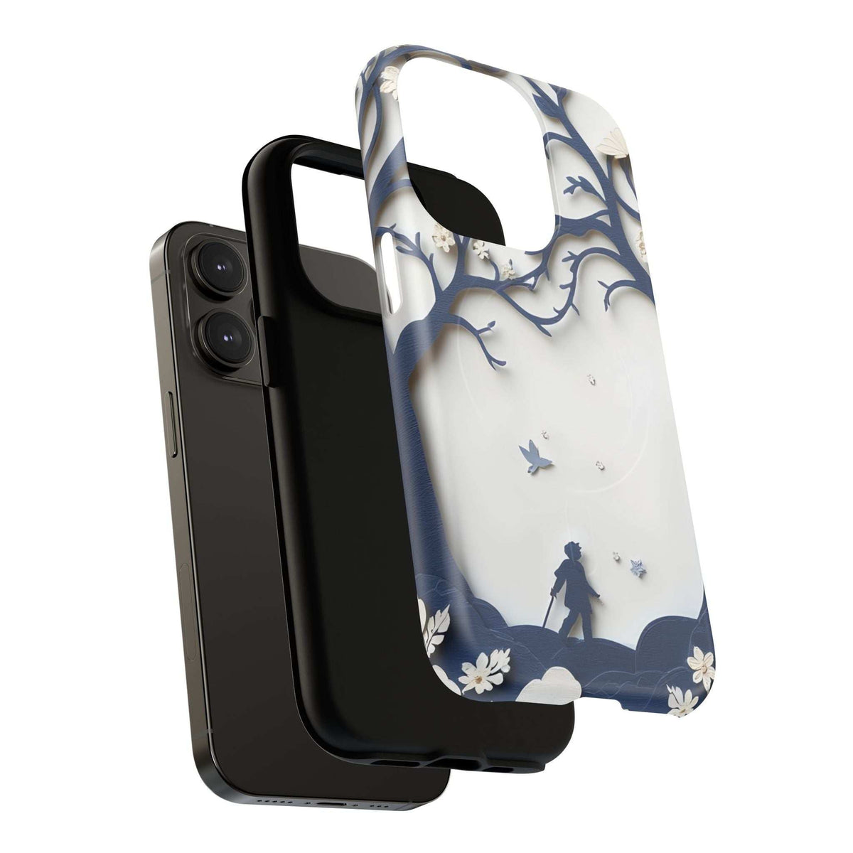 Phone case with blue tree-branch and silhouette scene on light background