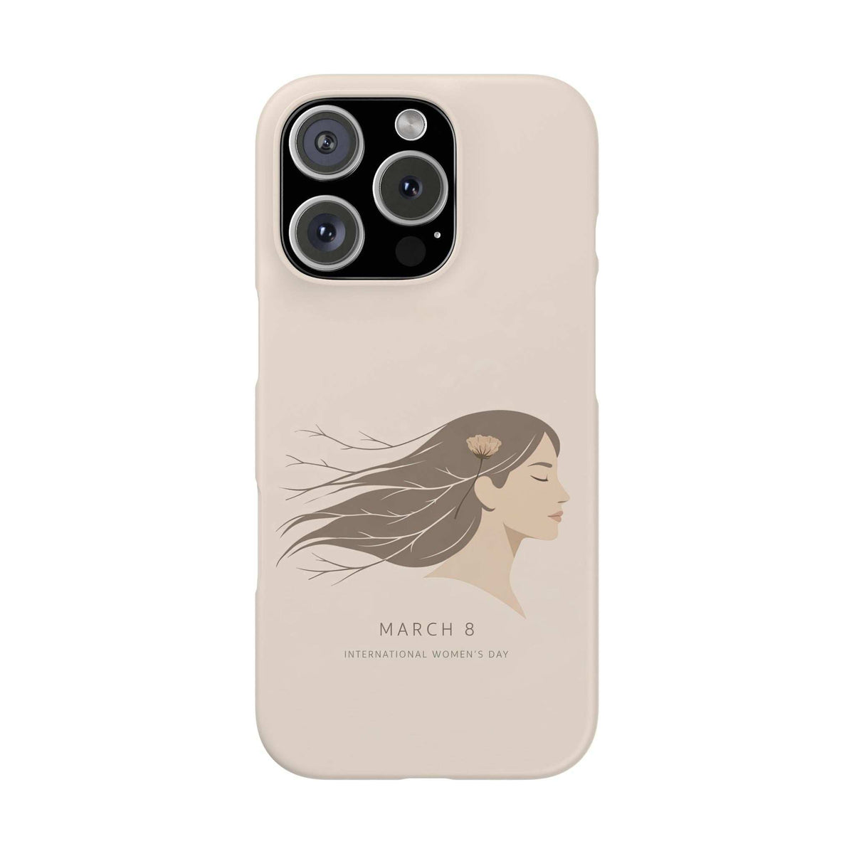 Beige phone case with woman profile graphic and March 8 text; black camera cutout