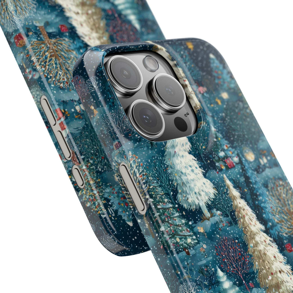 Blue winter forest phone case close-up with camera array and snowy tree pattern