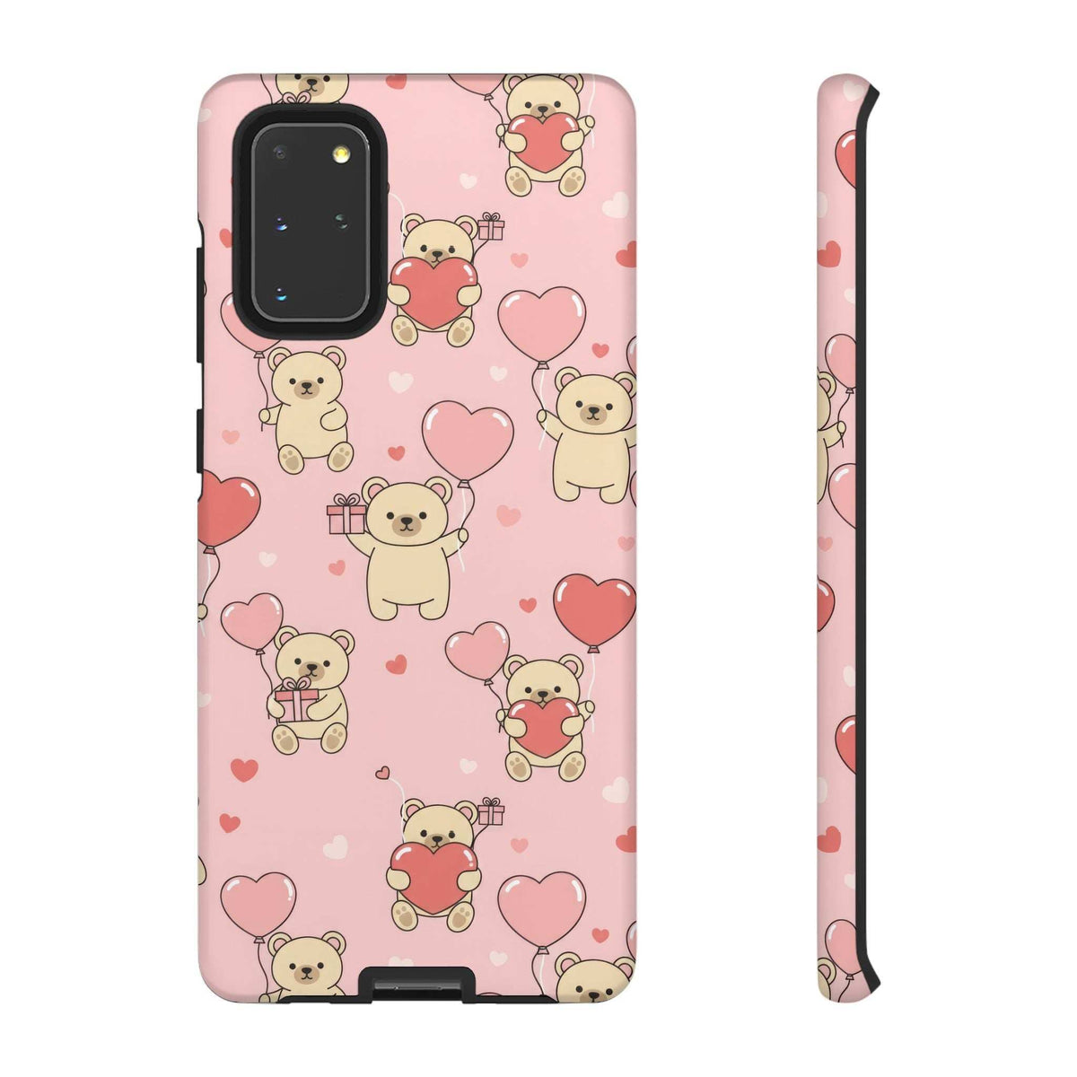Pink phone case featuring teddy bears and hearts, camera cutout with matching side