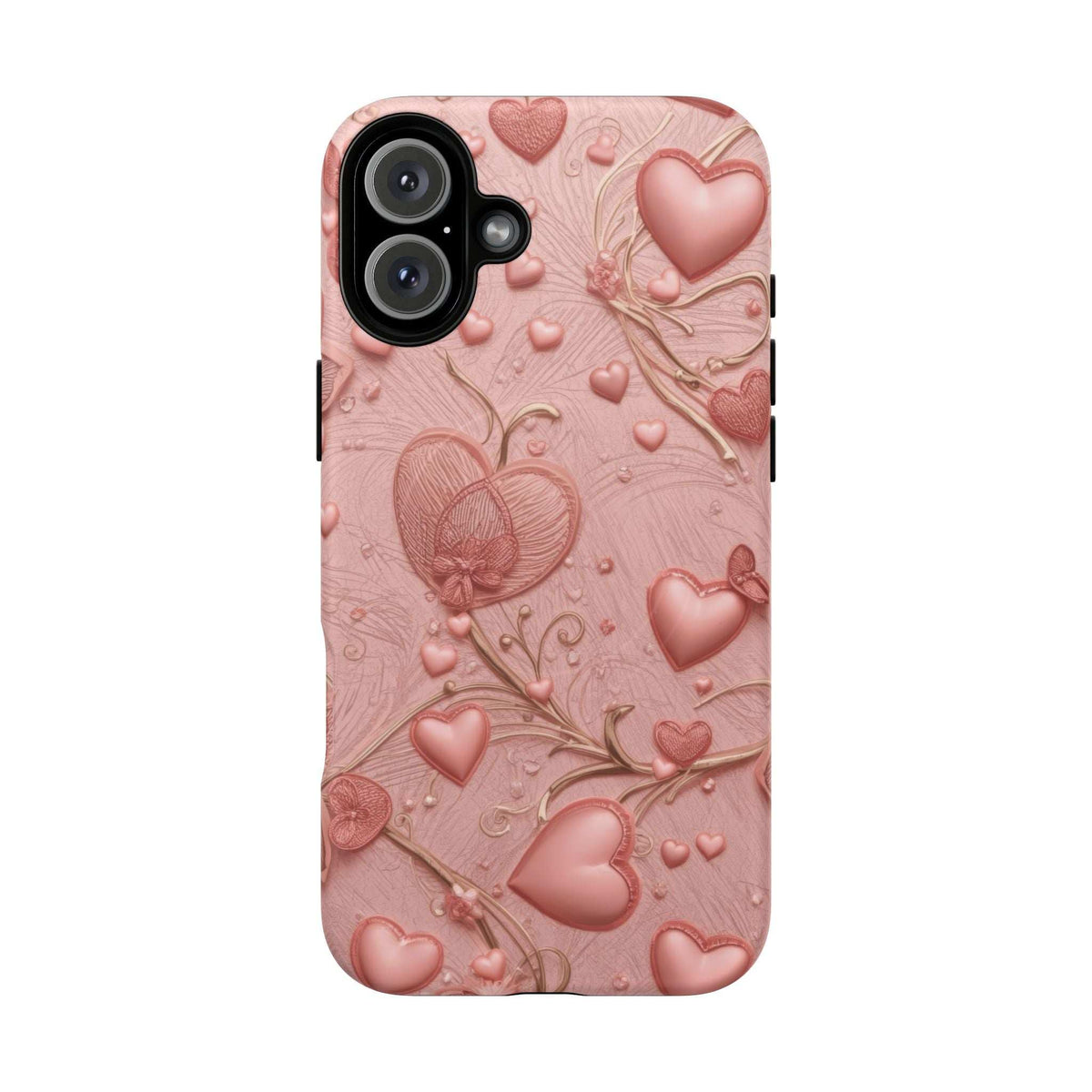 Pink heart phone case with textured embossed hearts and vine-like swirls, camera cutouts