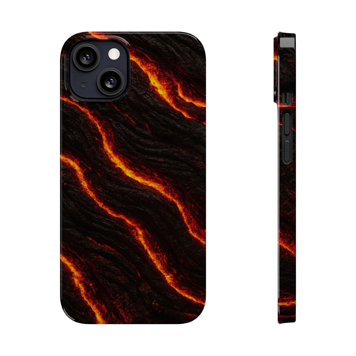 Black phone case with orange glowing lava lines; back camera and side profile
