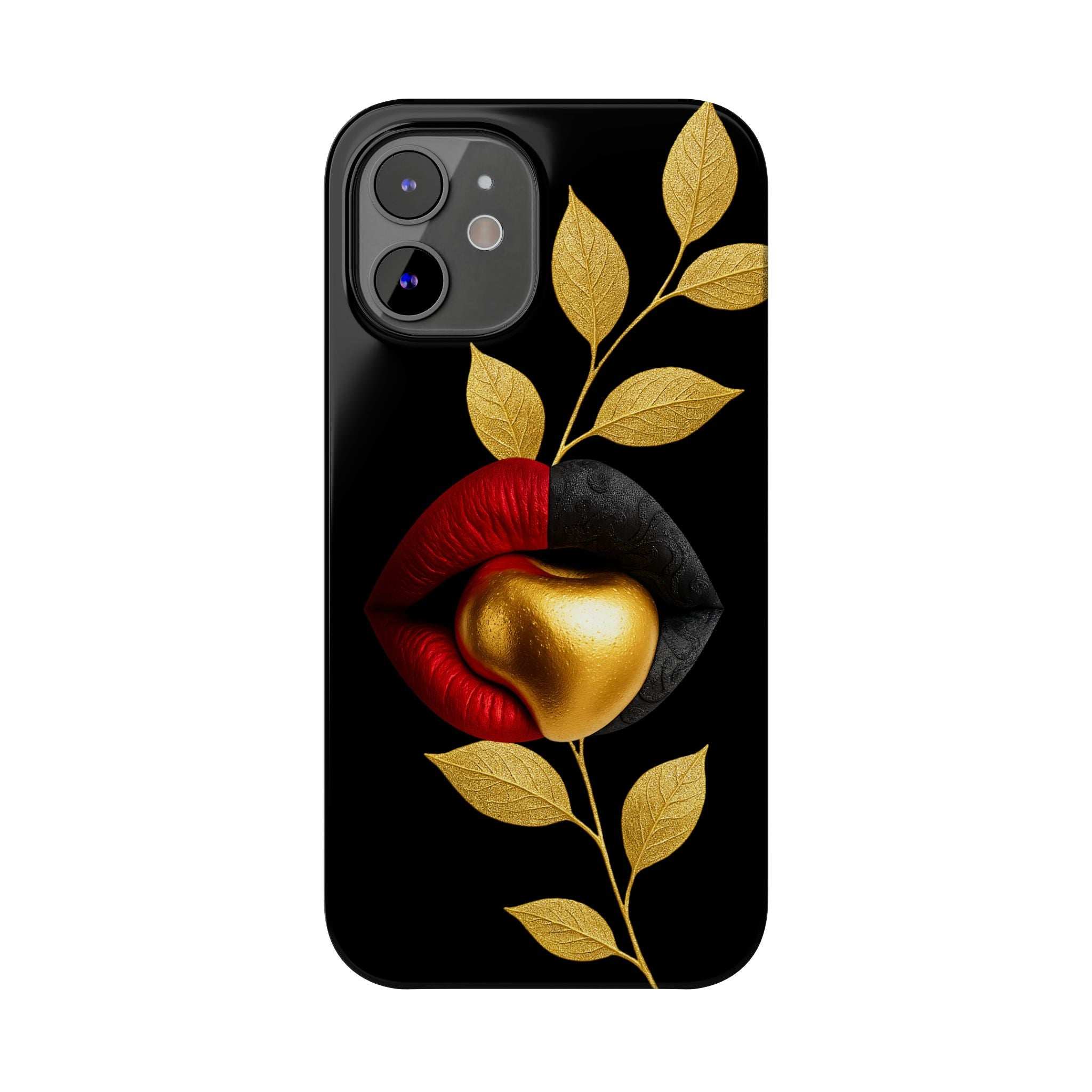 Black phone case with gold leaves, kiss lips, and heart design
