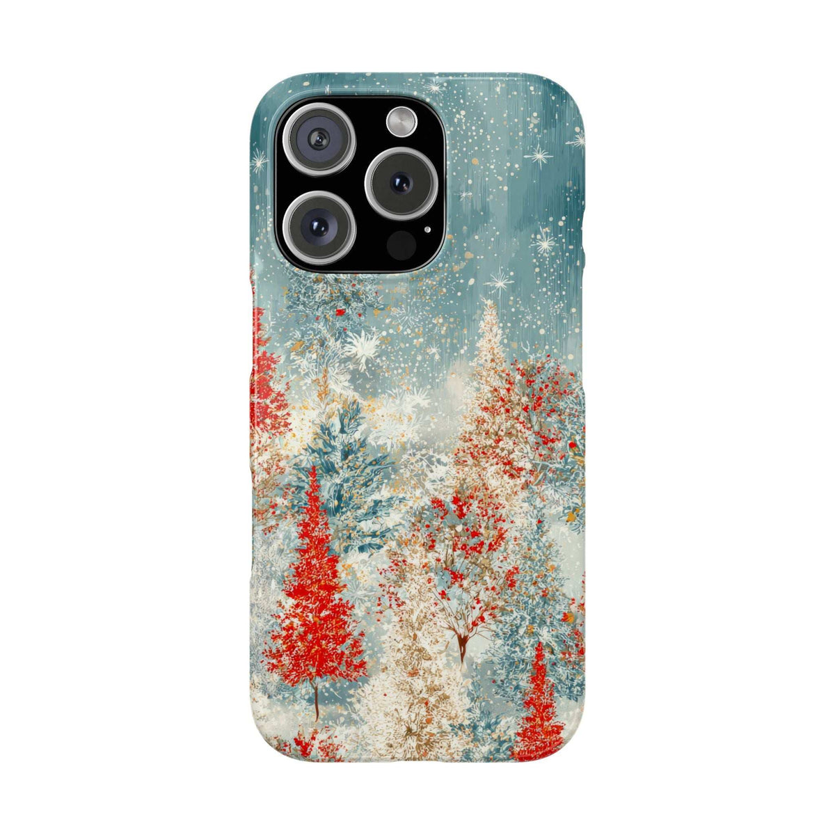 Snowy forest phone case, blue with red/white trees, camera cutouts