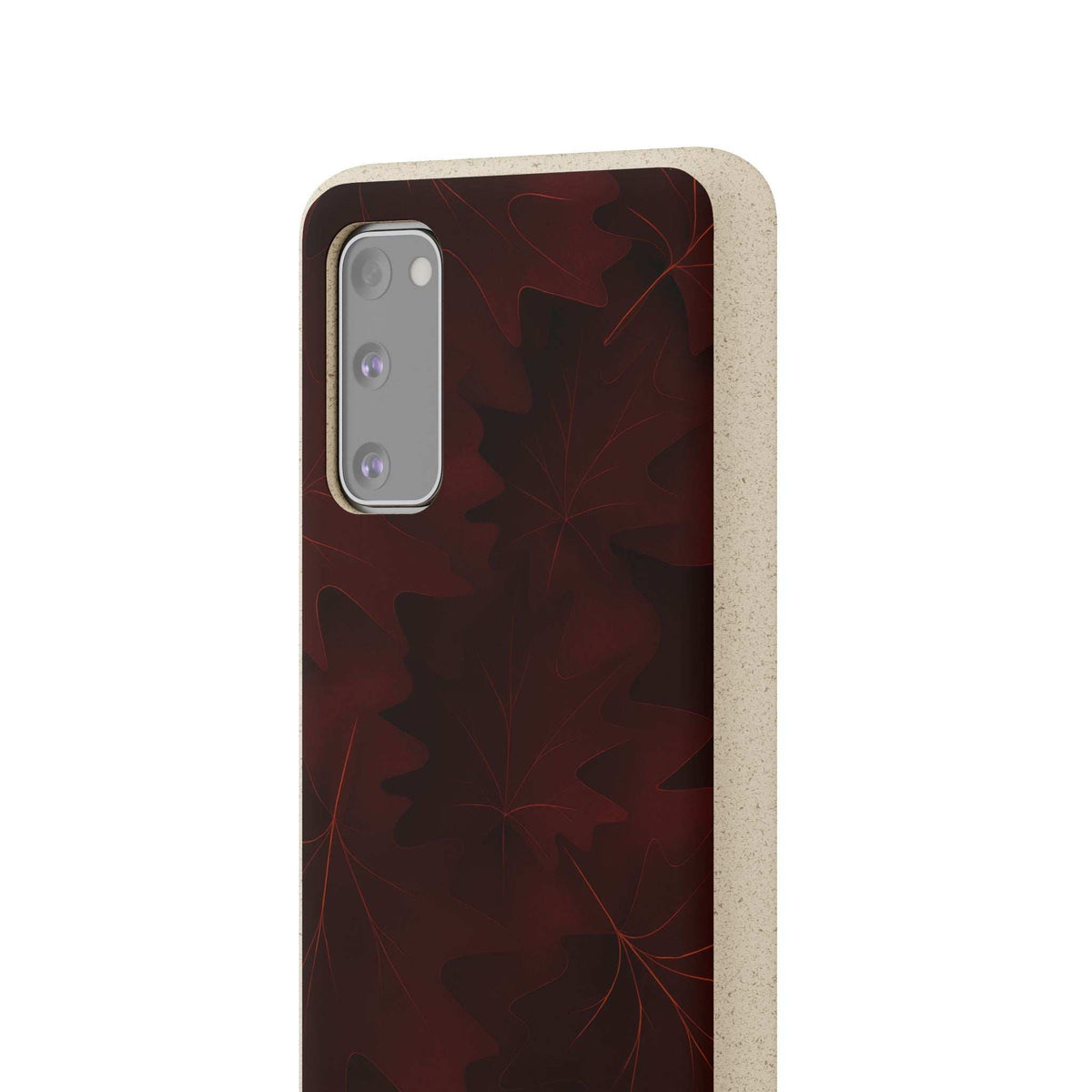 Phone case back with burgundy leaf design and beige border, camera cutout