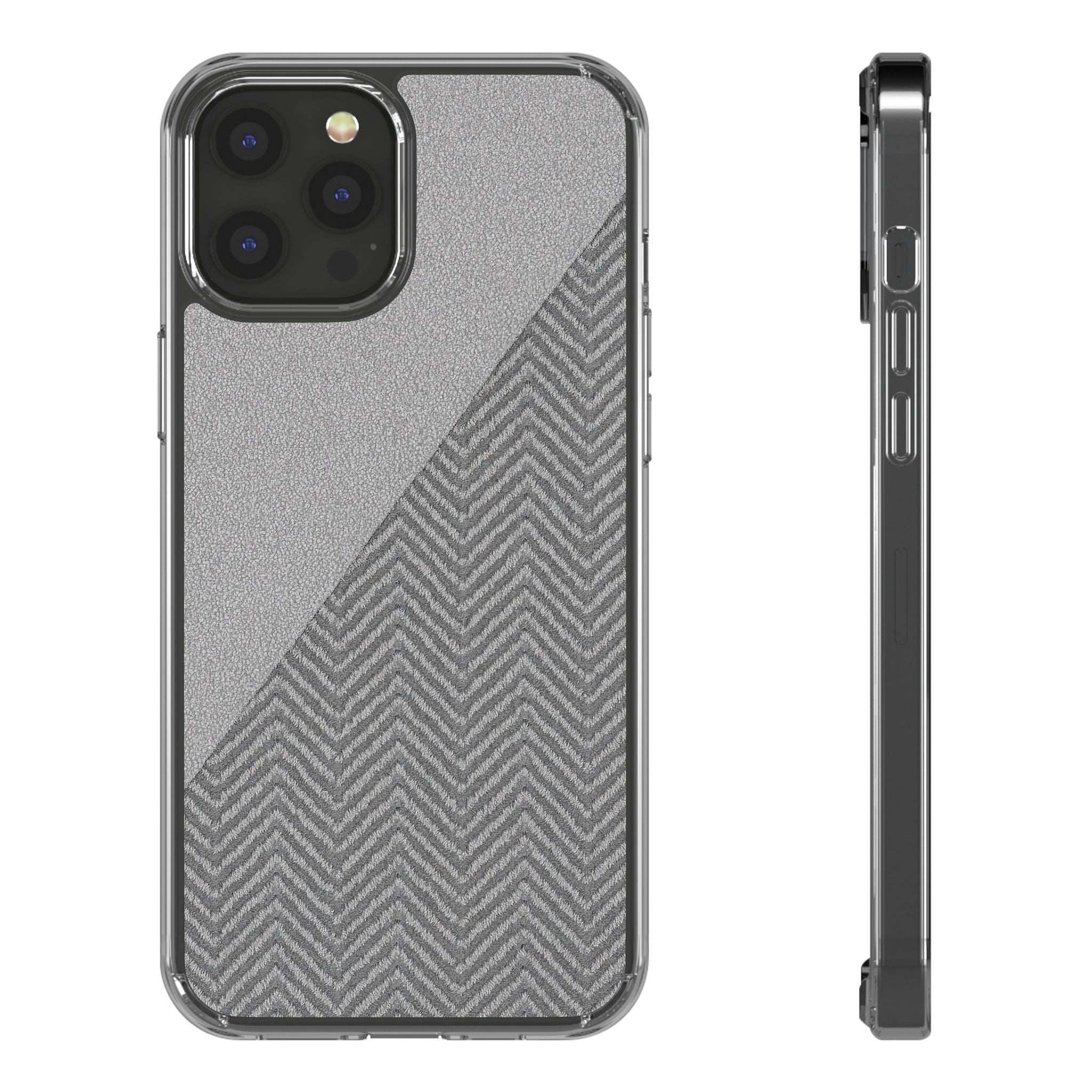 Tough phone case with dark herringbone diagonal pattern and side buttons