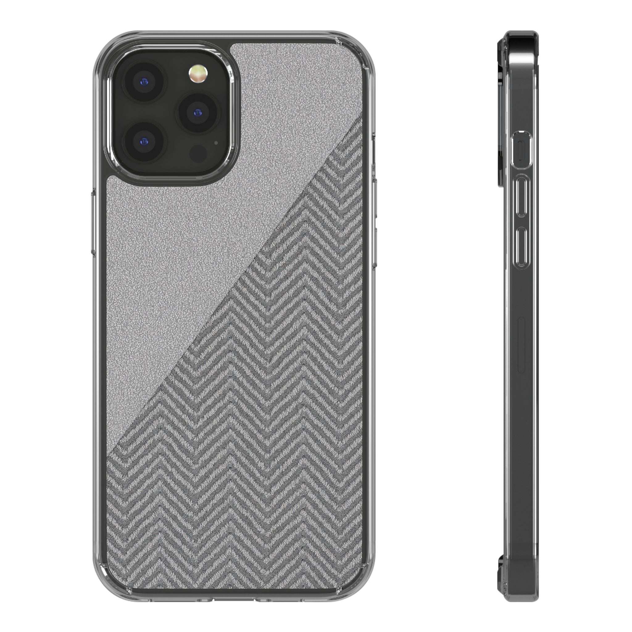 Tough phone case with dark herringbone diagonal pattern and side buttons