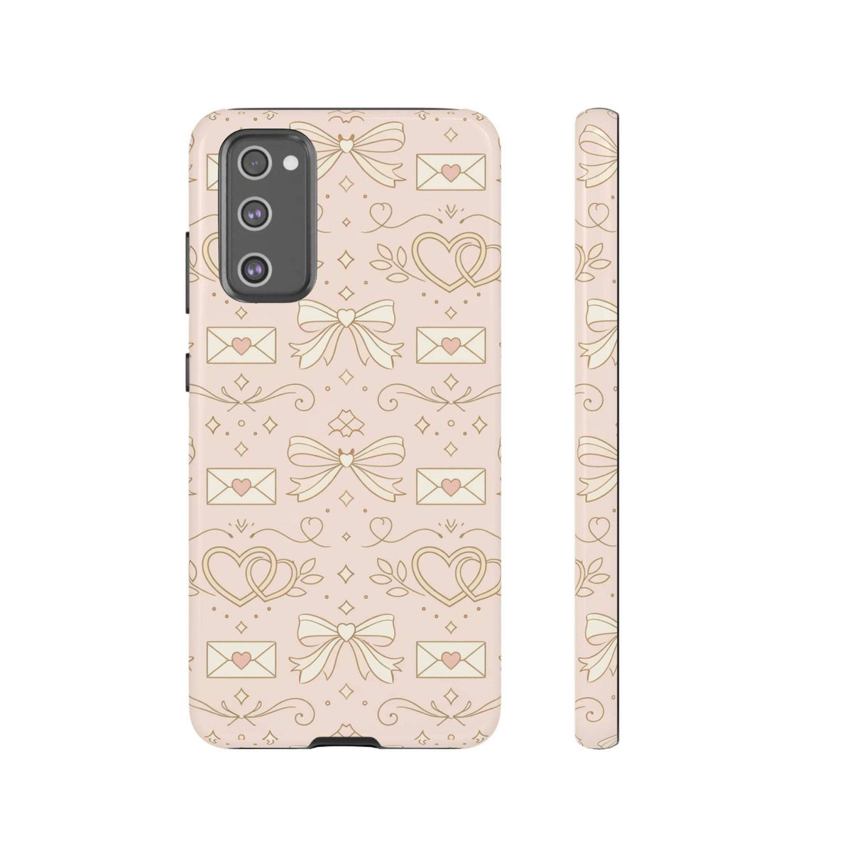 Pink tough phone case with gold hearts and bows, full back view and slim side