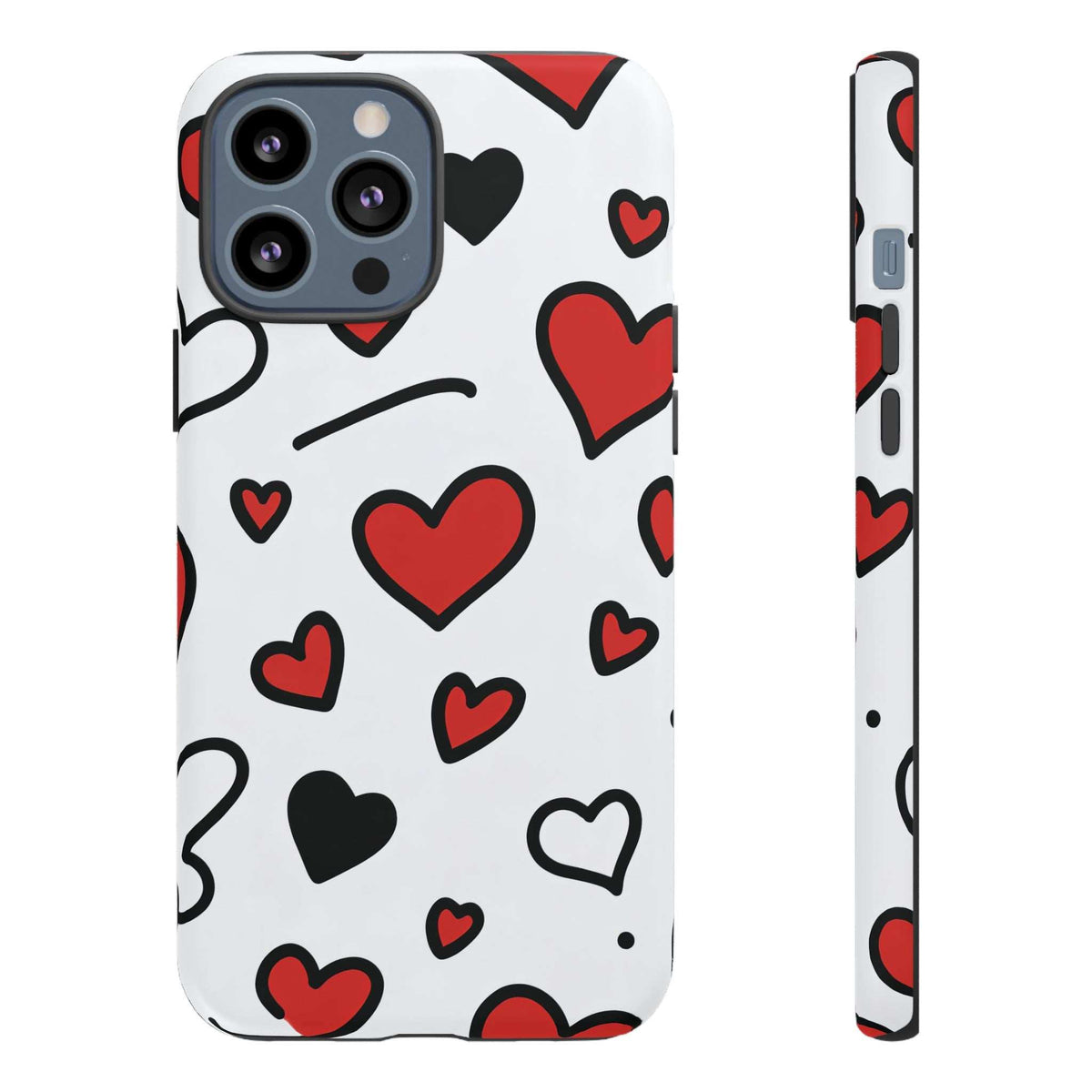Phone case with scattered heart icons in red and black on white, camera cutout.