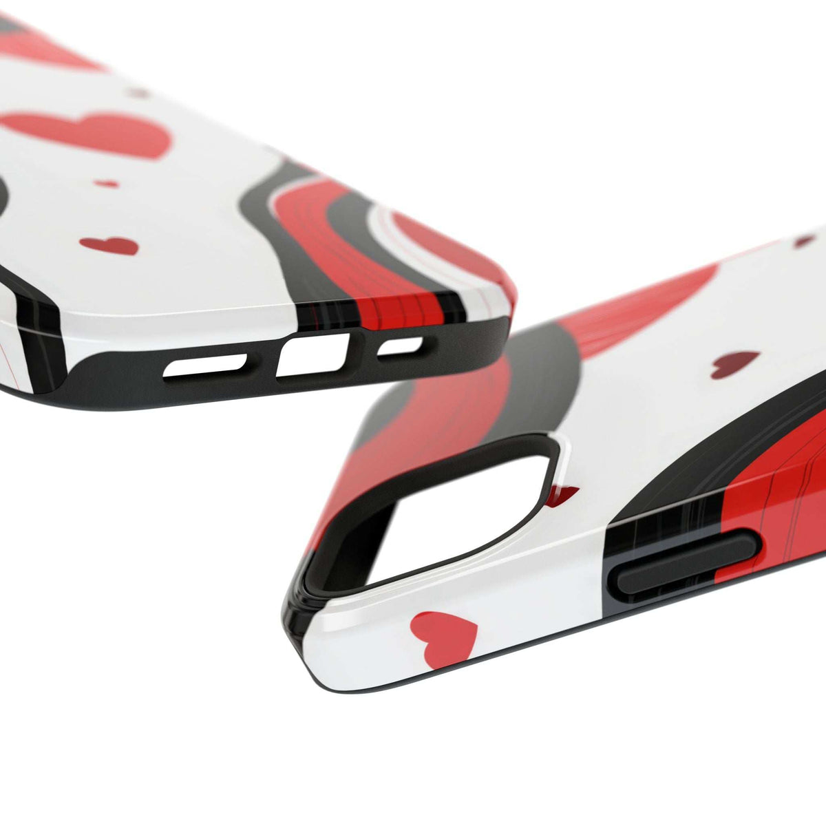 Glossy phone case close-up of side with button openings and red heart swirls