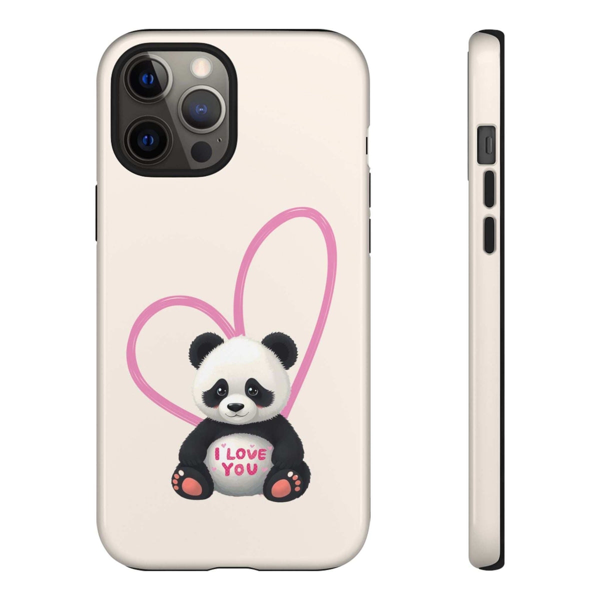 Light cream phone case with centered panda in pink heart and “I love you” text, front and side