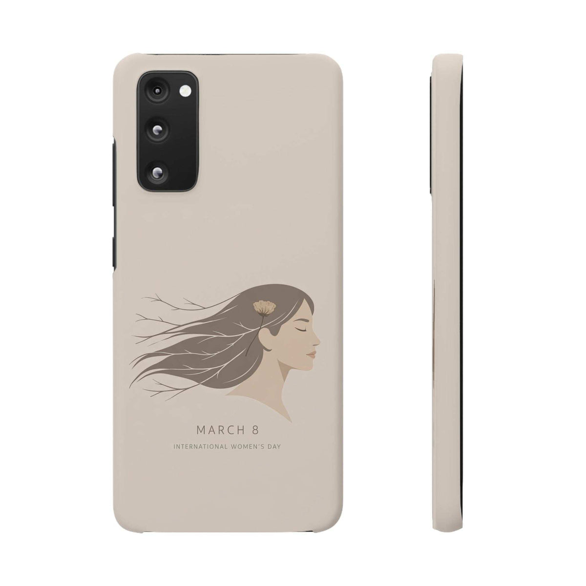 Beige phone case back with woman profile illustration and “MARCH 8” lettering; slim side edge.