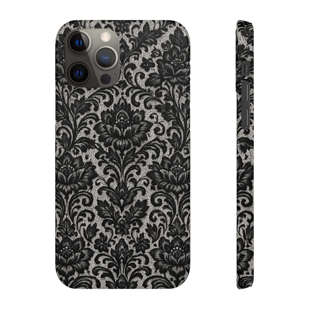 Black damask floral phone case with raised camera cutouts and patterned sides