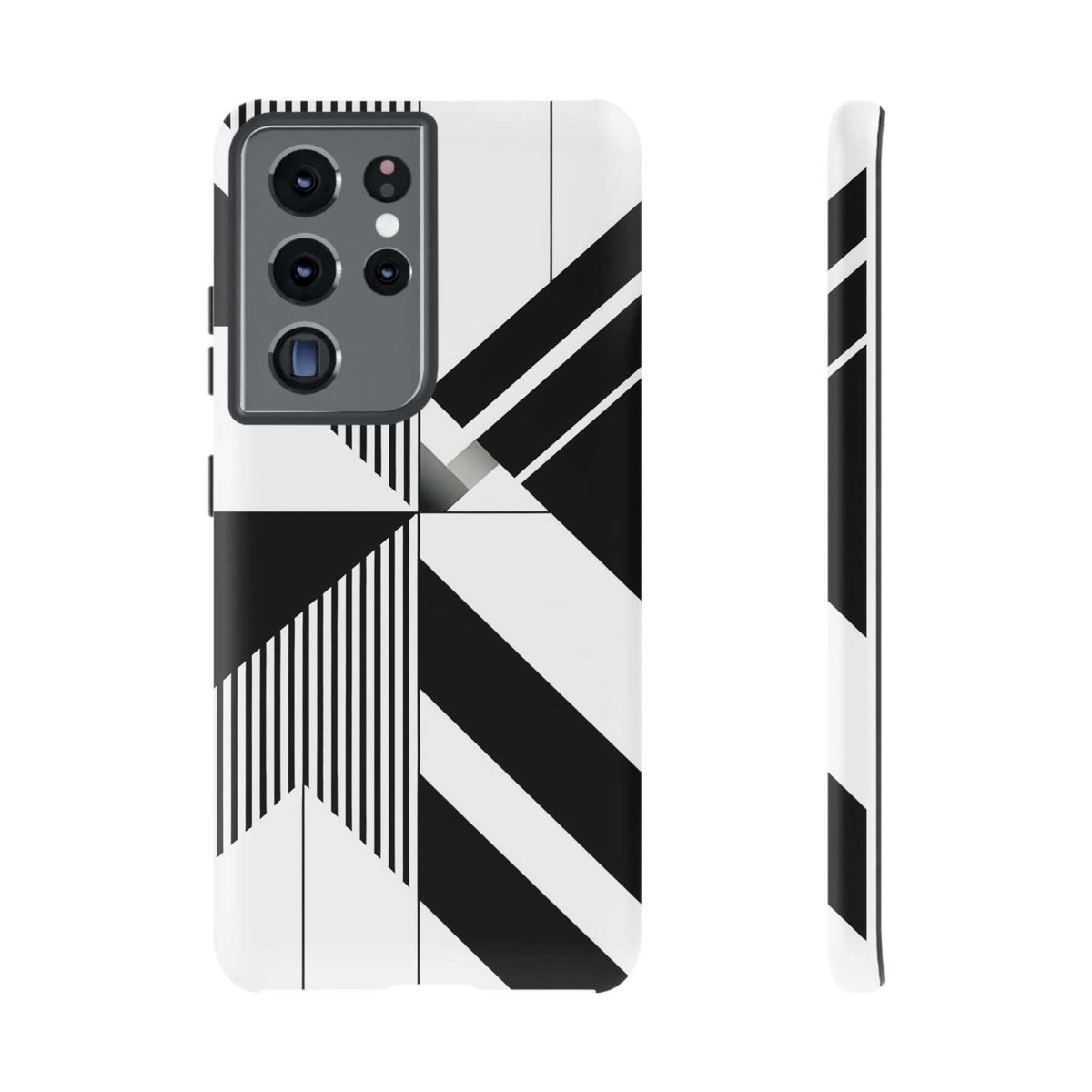 Tough phone case with black-and-white geometric pattern and side profile view.