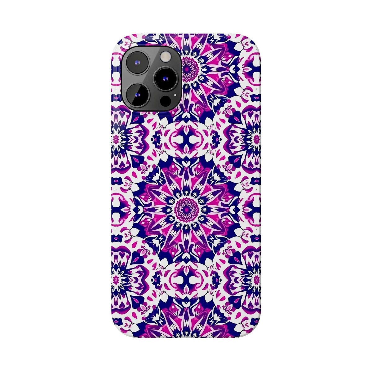 Purple and white mandala phone case, front view with lens cutouts and raised edges