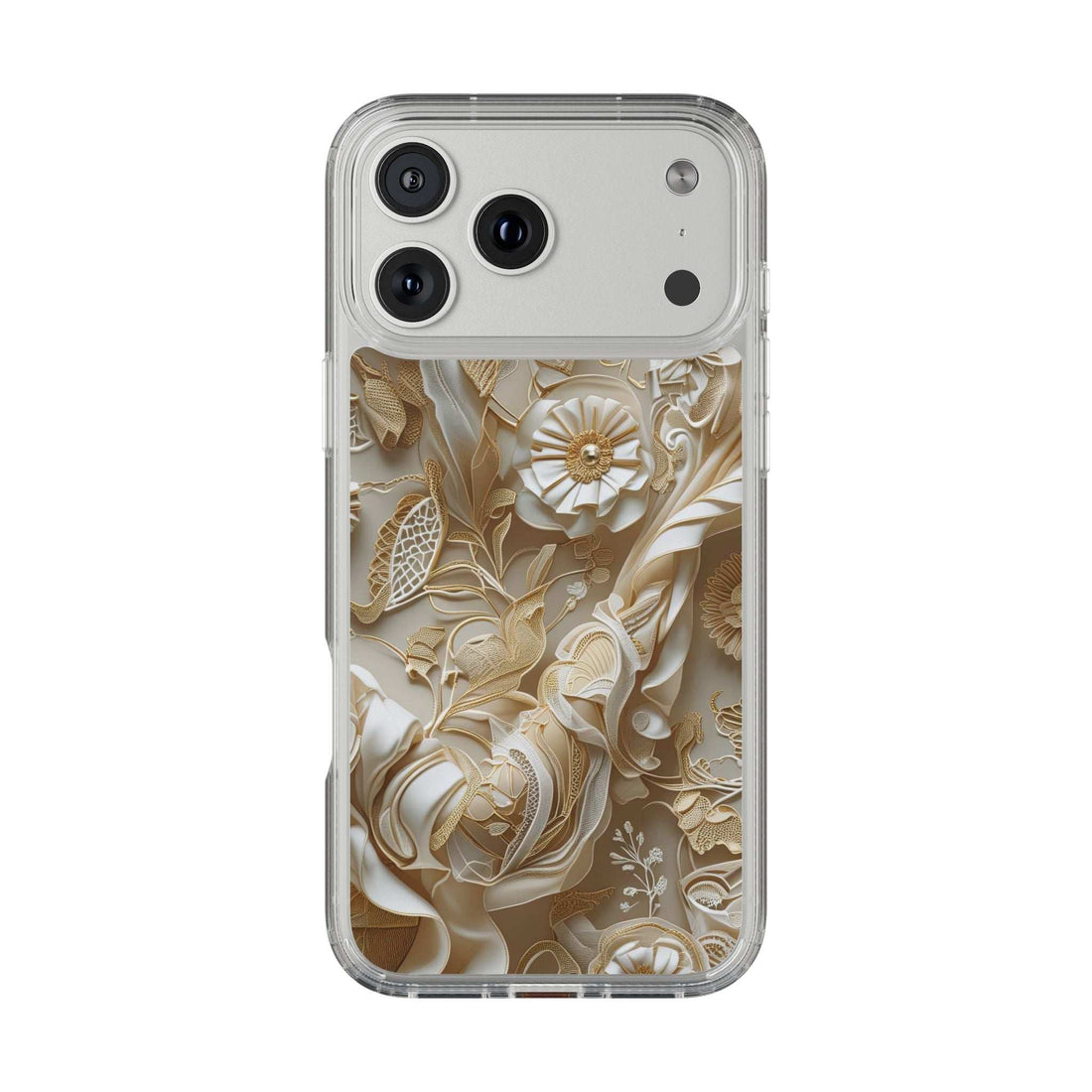 Clear phone case with gold and cream floral design, raised camera cutouts