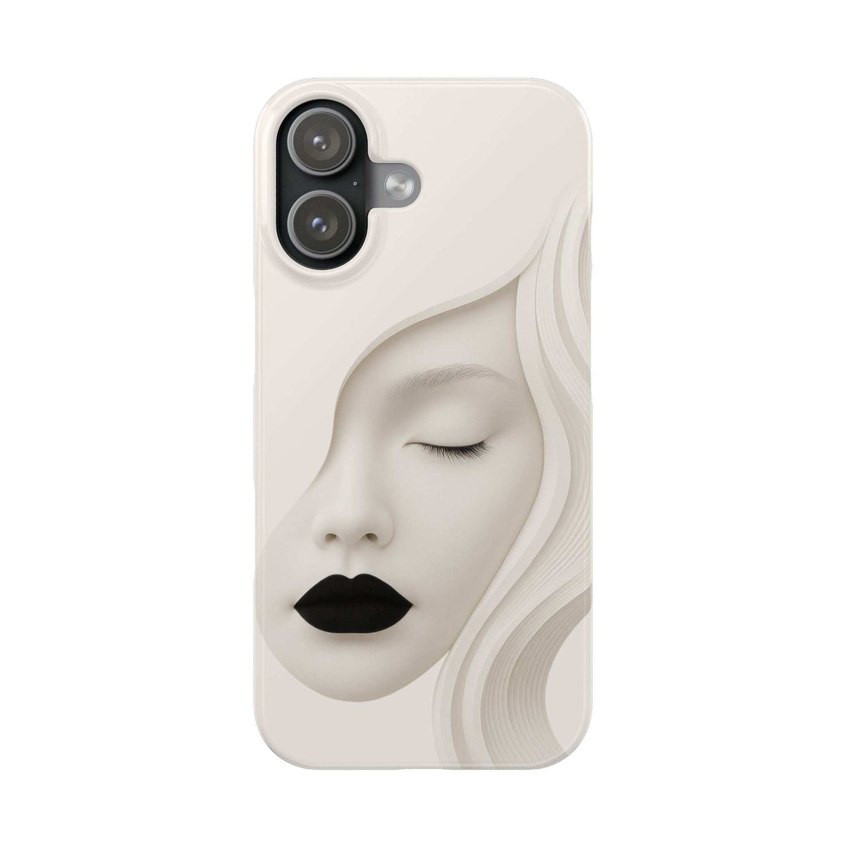 Off-white face phone case with closed eyes and black lips; raised camera bezel