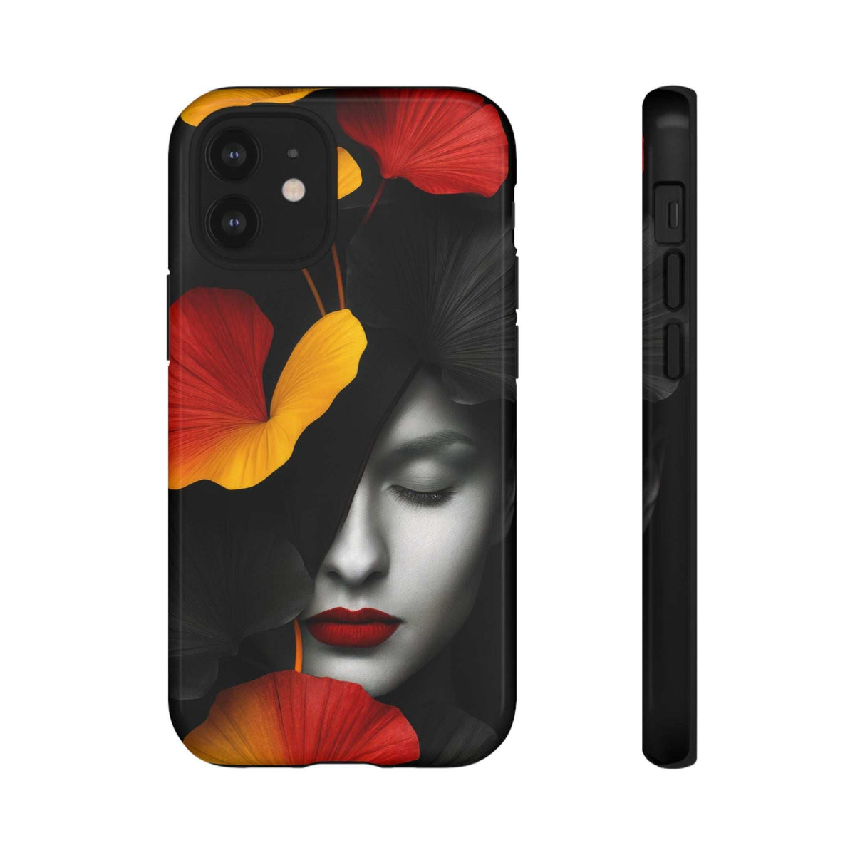 Hidden Emotions glossy phone case with red and yellow floral woman face design