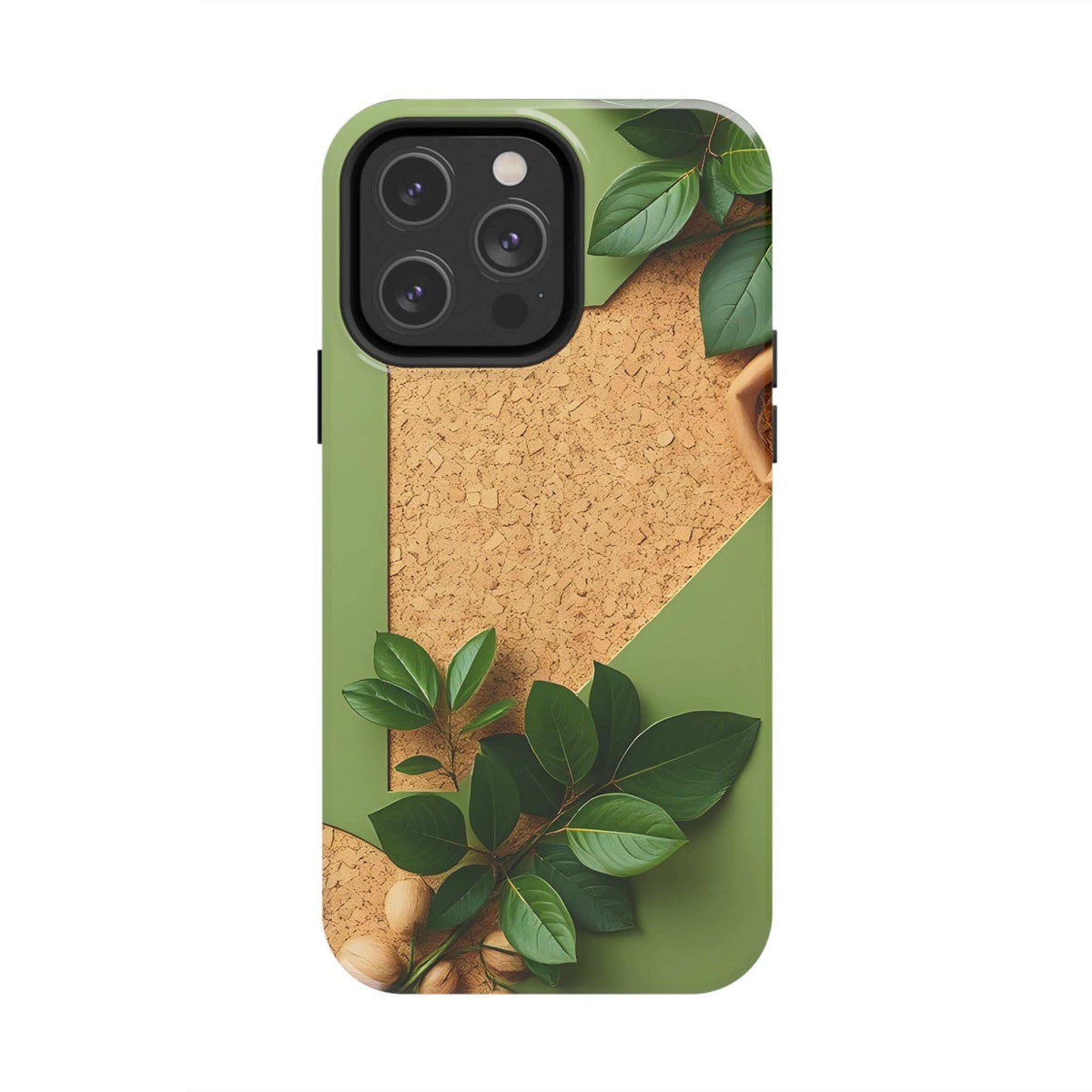 Green eco phone case with cork-like texture and layered green leaf motif at bottom