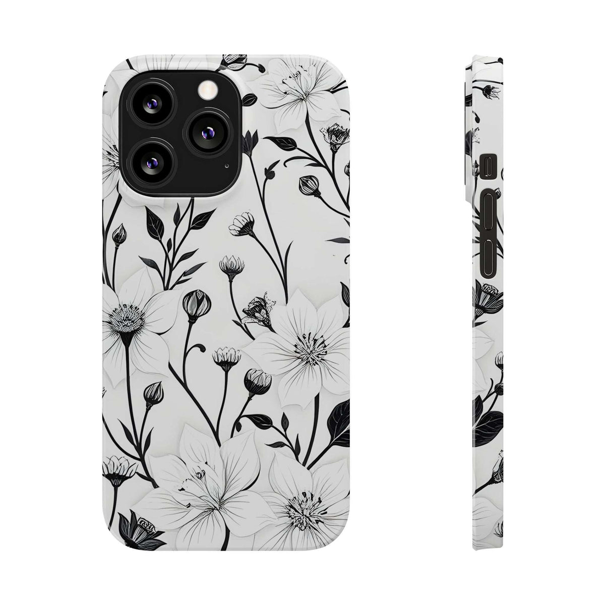 Phone case back with monochrome blossoms and stems, paired with side view