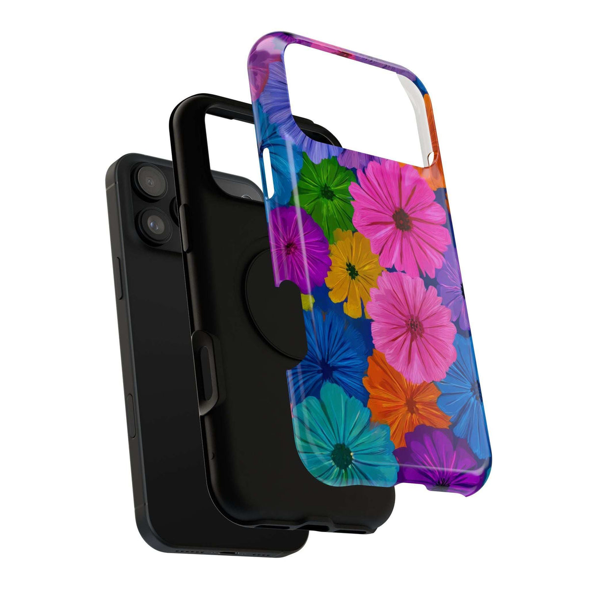 Side view of multicolor bloom floral phone case with clear frame and camera cutout